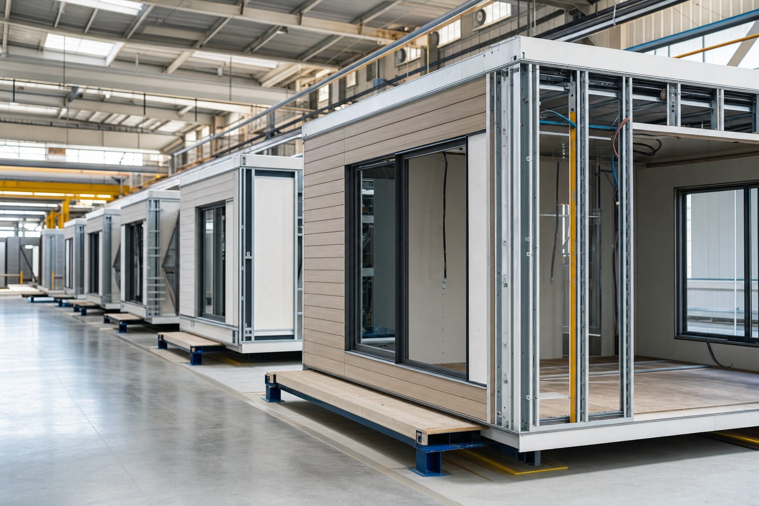 Modular home components being assembled in a controlled factory environment