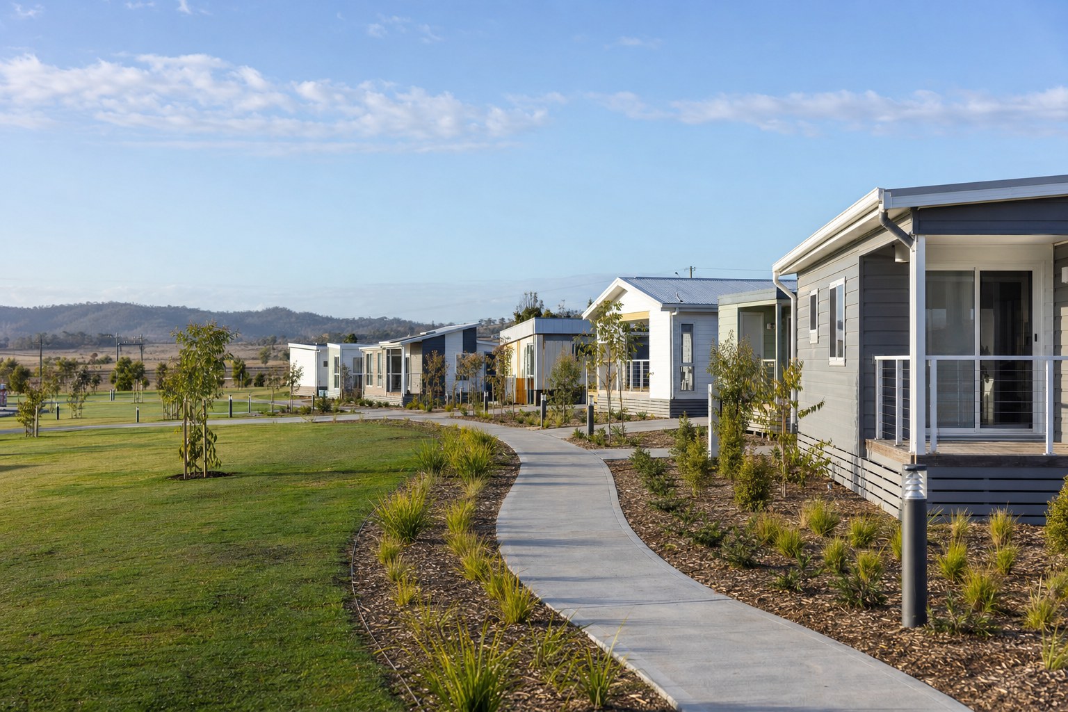 Completed modular recovery housing community with accessible paths