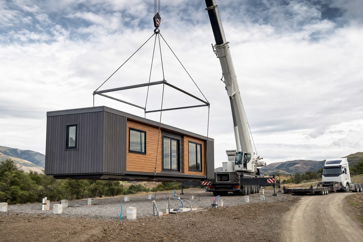 Modular home being positioned by crane on prepared recovery site foundations