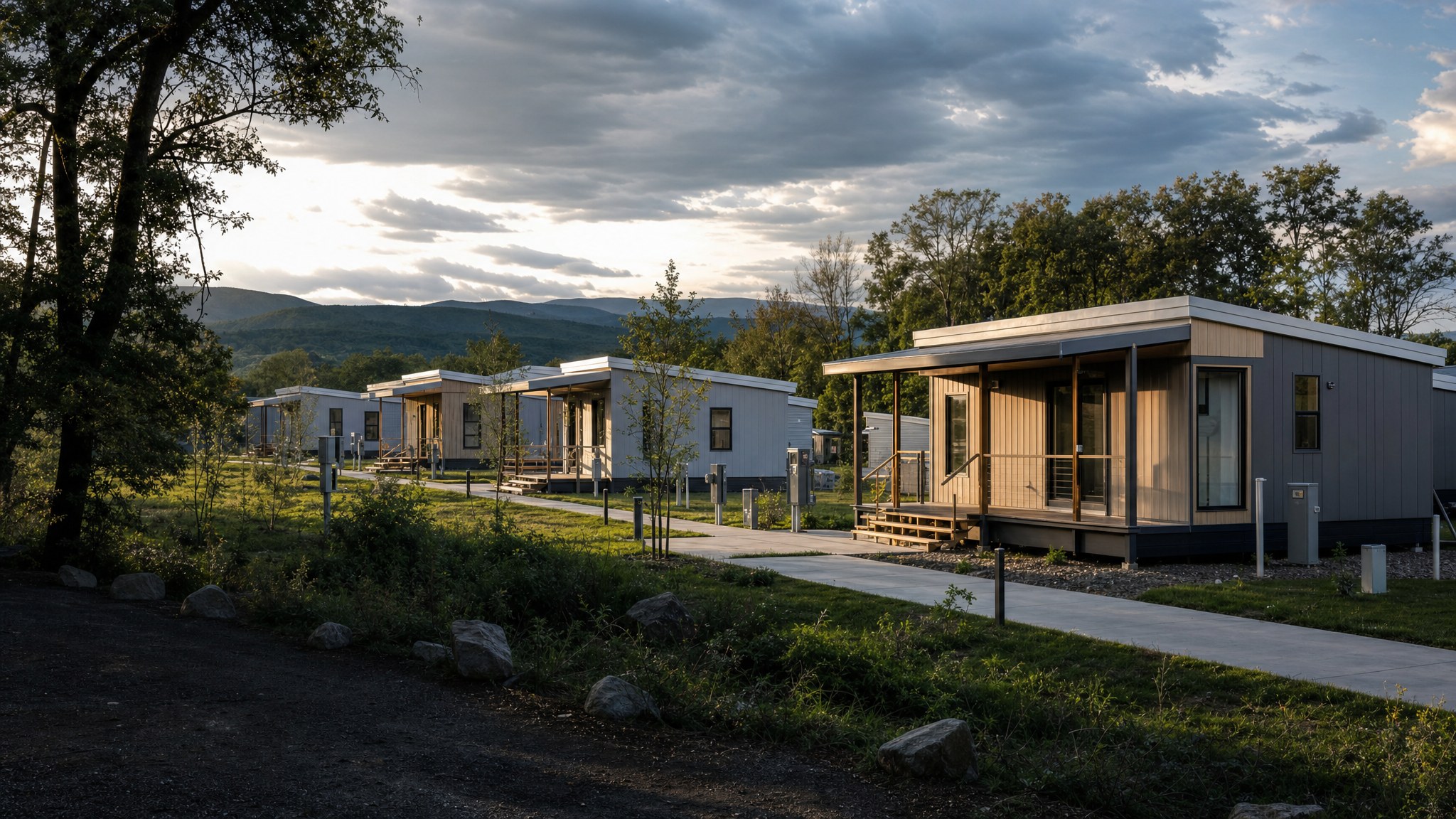 Temporary disaster housing community with accessible paths and utility connections
