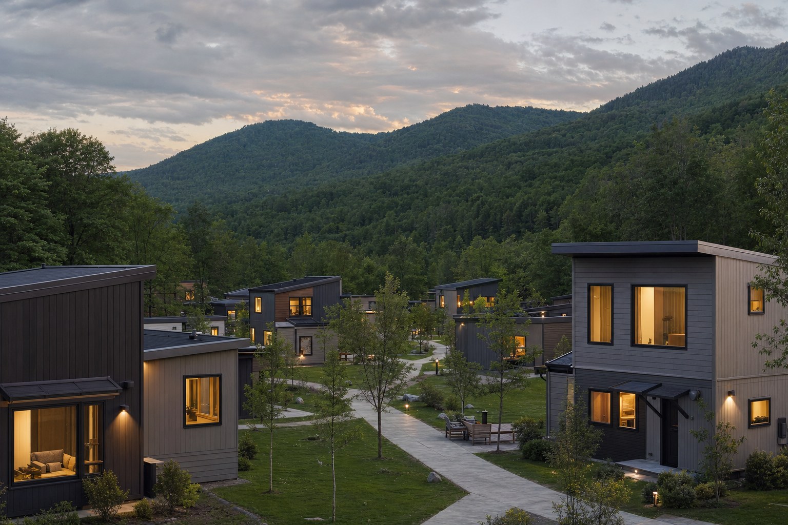 Concept image of a modular recovery housing community at dusk
