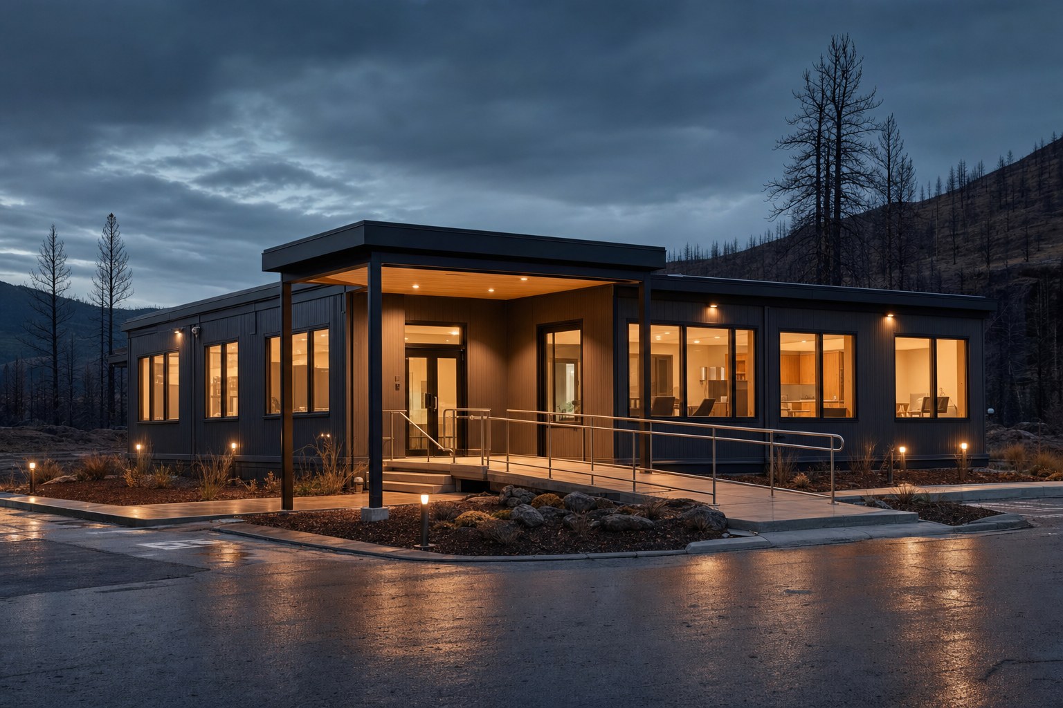 Concept image of a modular community facility at dusk