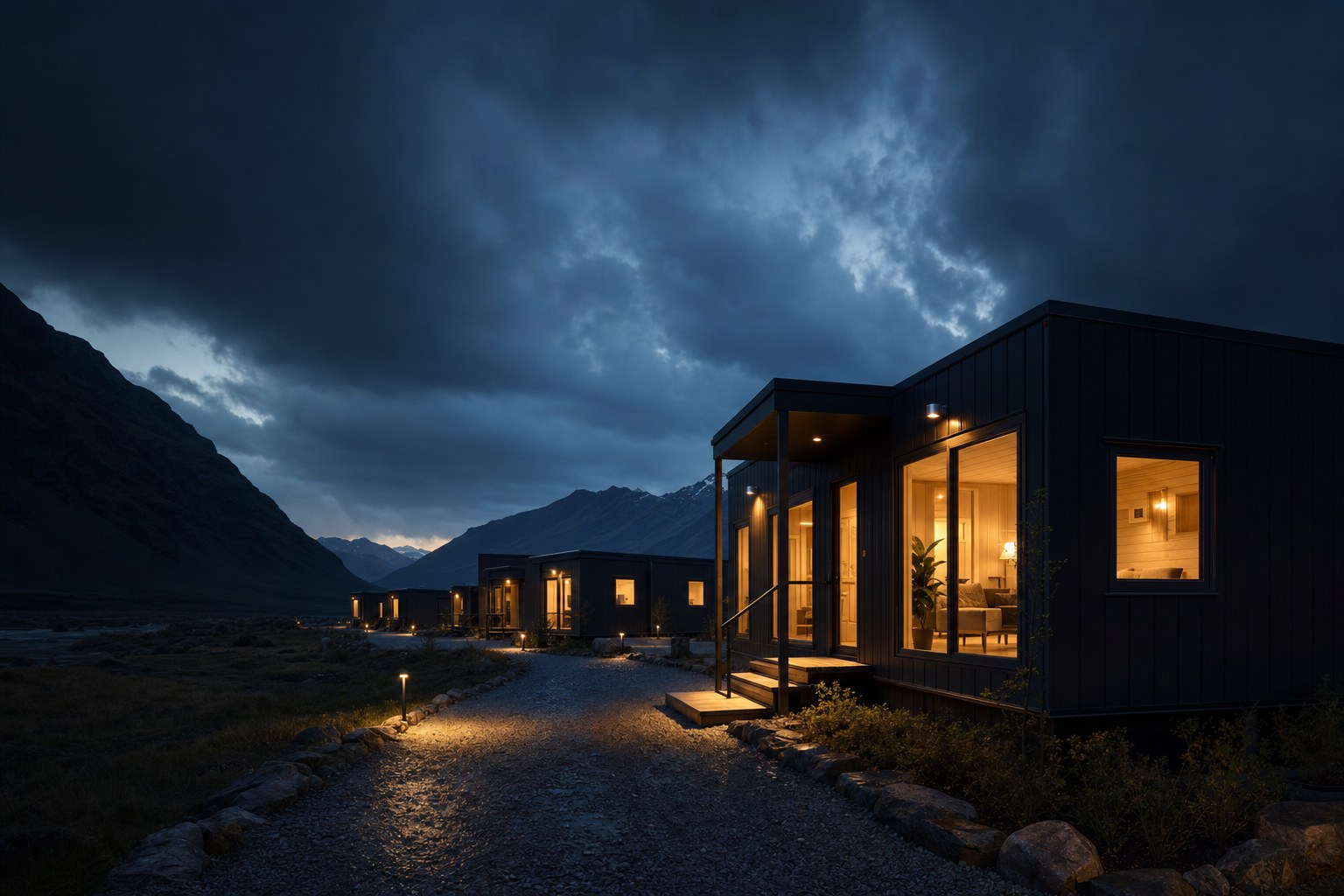 Concept image of modular relief homes in a mountain valley at dusk