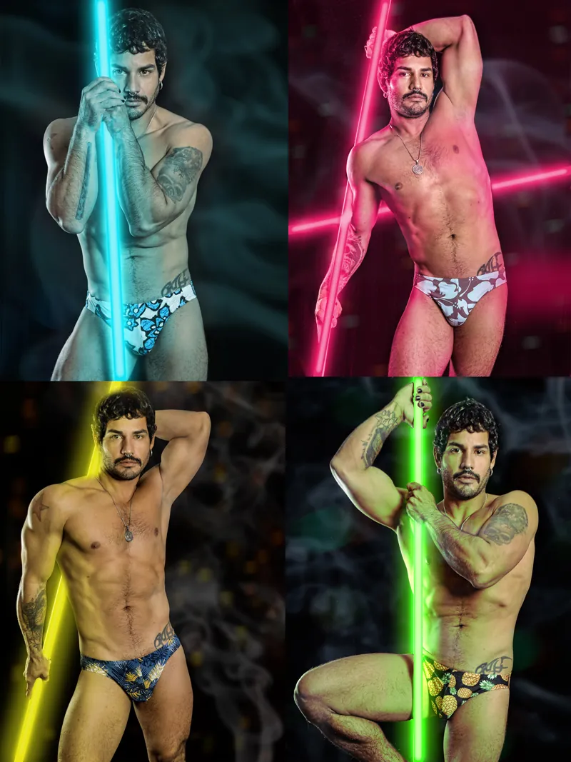 Four portraits of a model in patterned CecilAndEzra swim briefs with colored neon lights