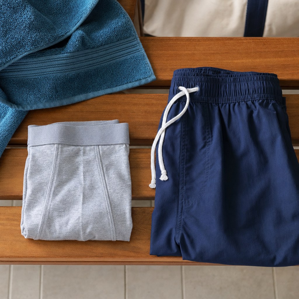 Folded gray cotton underwear placed separately from navy swim trunks on a bench