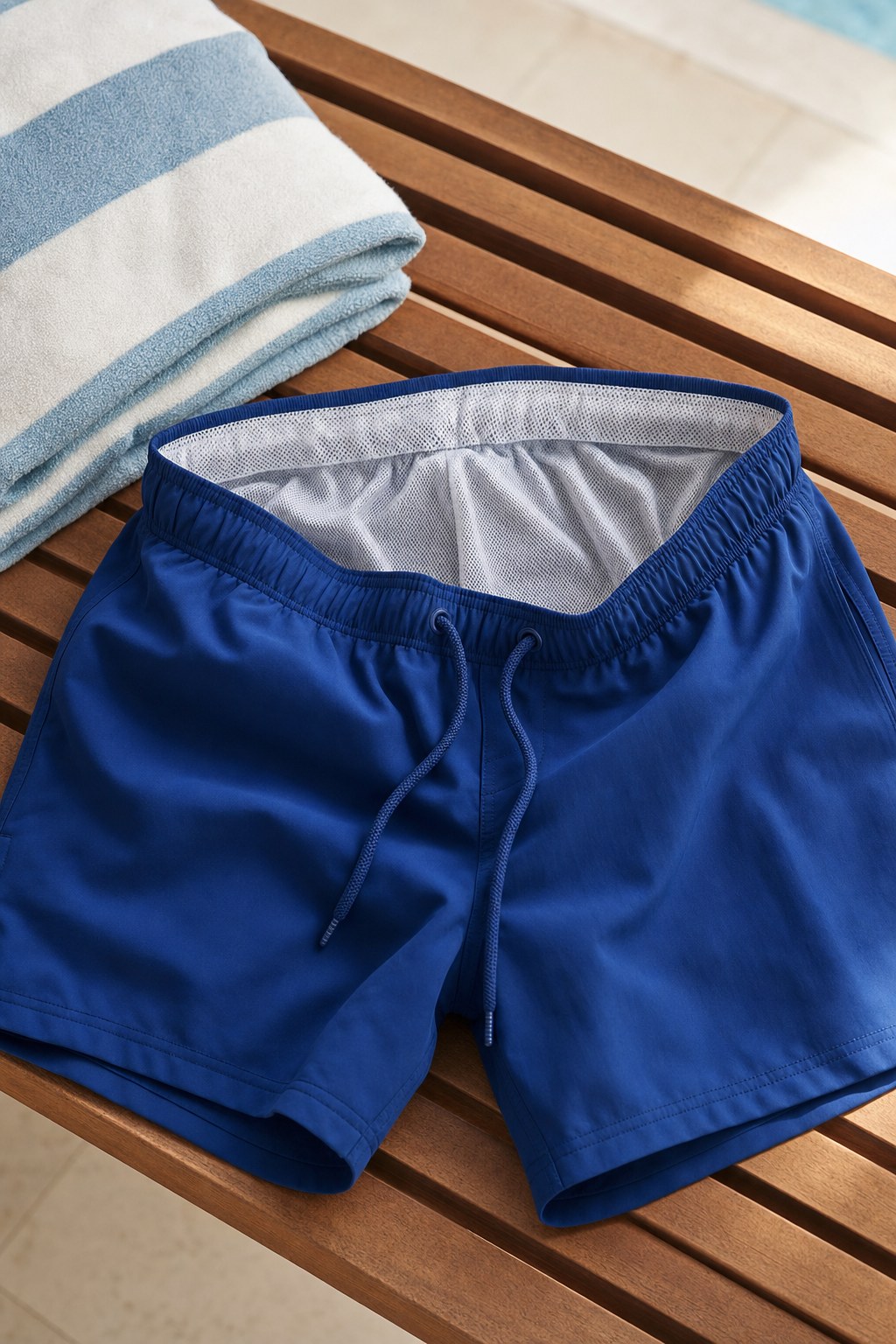 Blue swim trunks with a built-in mesh liner on a poolside bench
