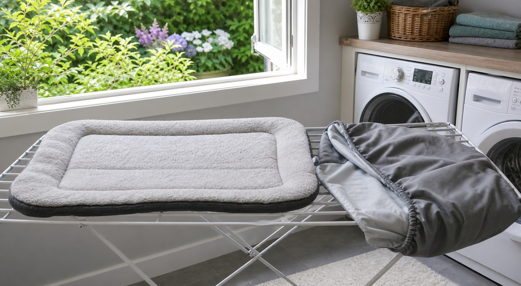 Freshly washed dog bed and removable cover drying in a laundry room