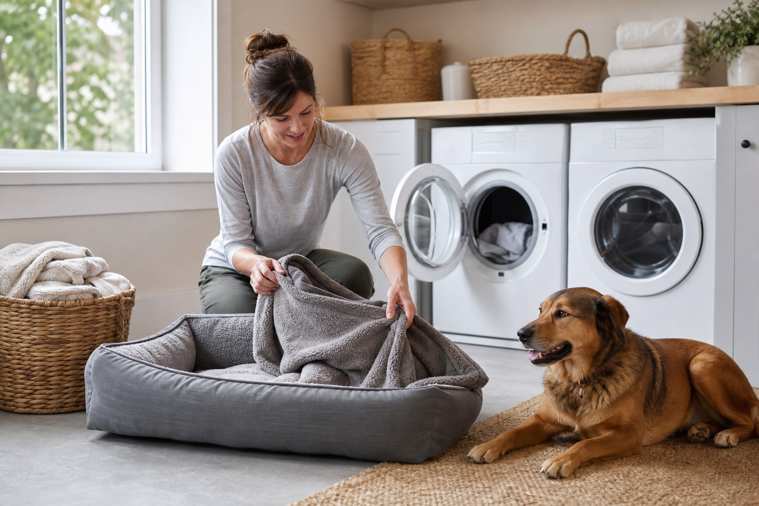 Pet owner preparing a washable dog bed beside a dog in a laundry room