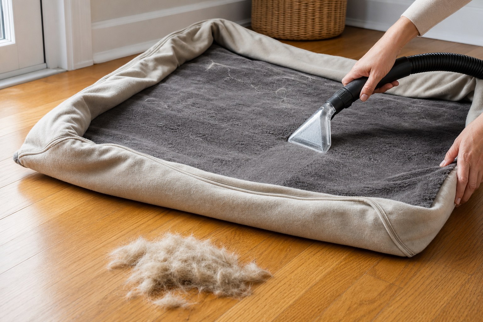 Vacuuming loose dog hair from a removable dog bed cover