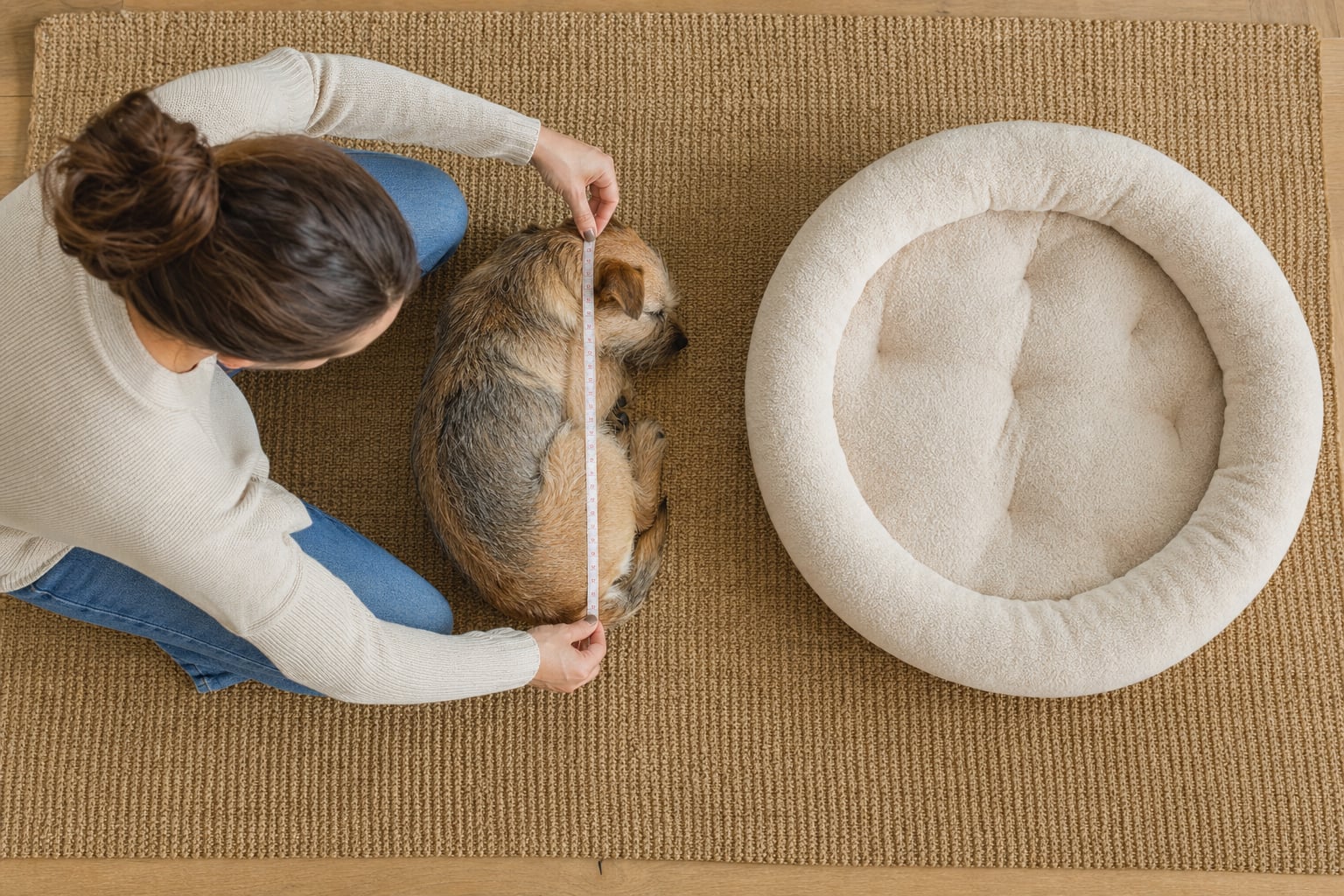 Pet owner measuring a small curled-up dog beside a round bed