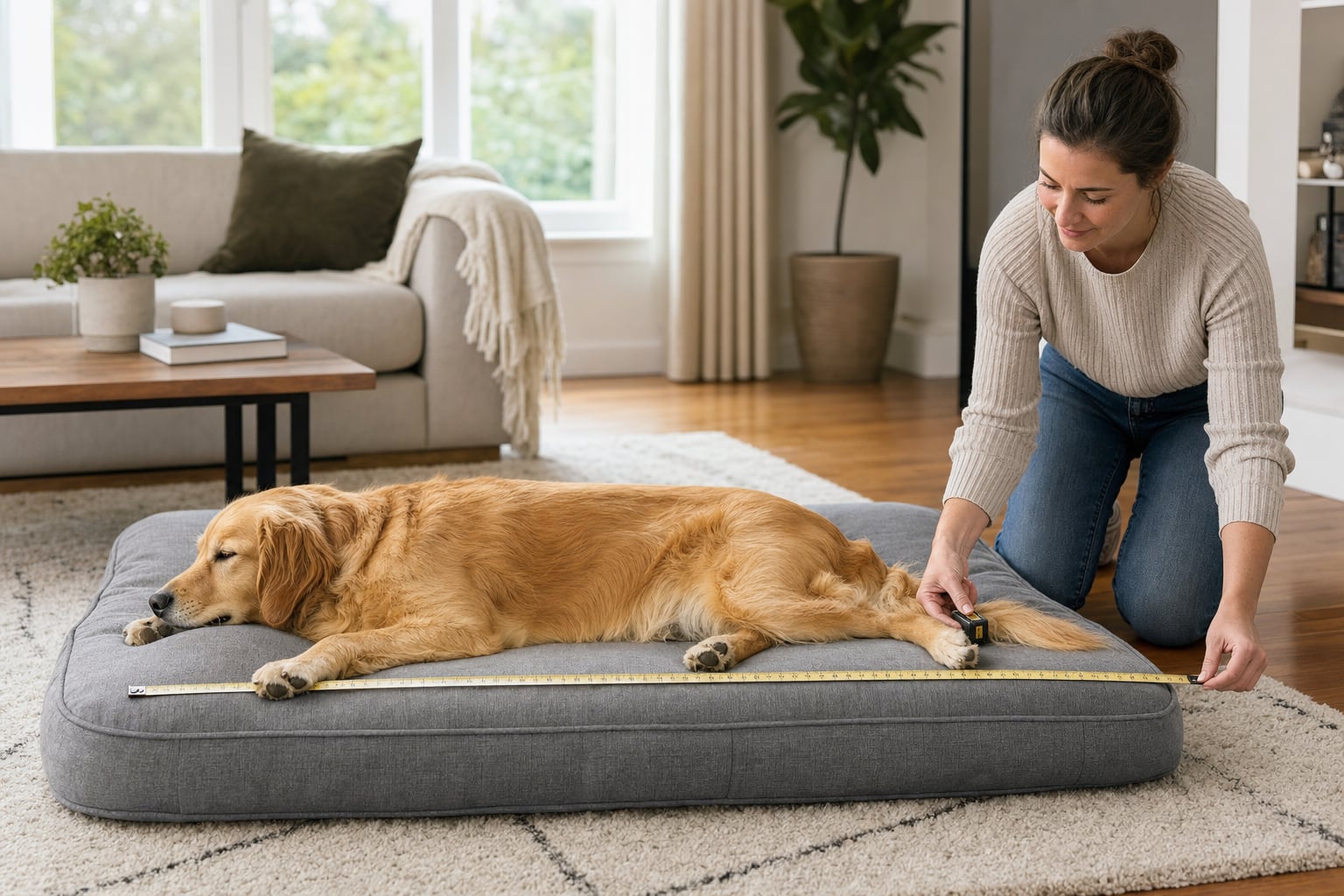 Pet owner measuring a golden retriever resting on a roomy dog bed