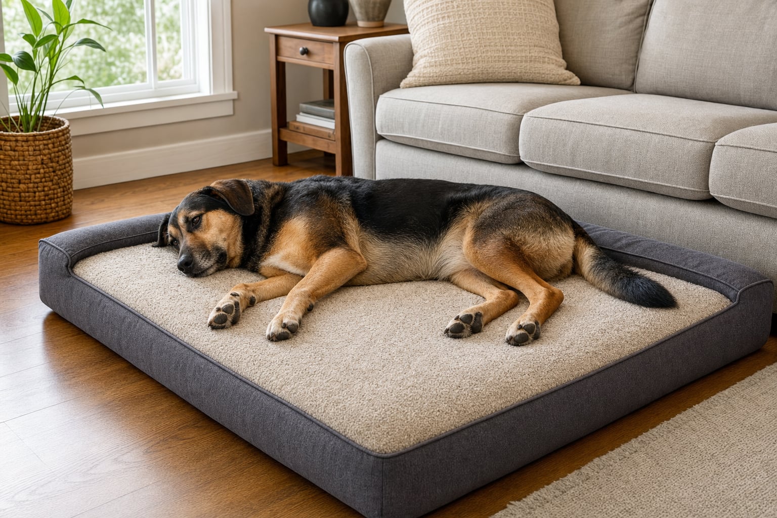 Large dog resting comfortably on a wide rectangular bolster bed