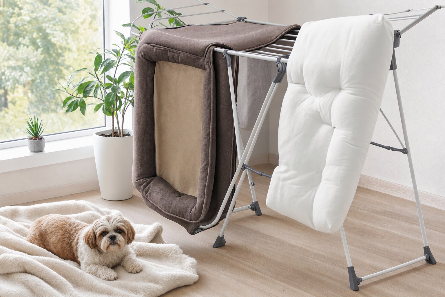 Dog bed cover and insert drying separately beside a sunny window