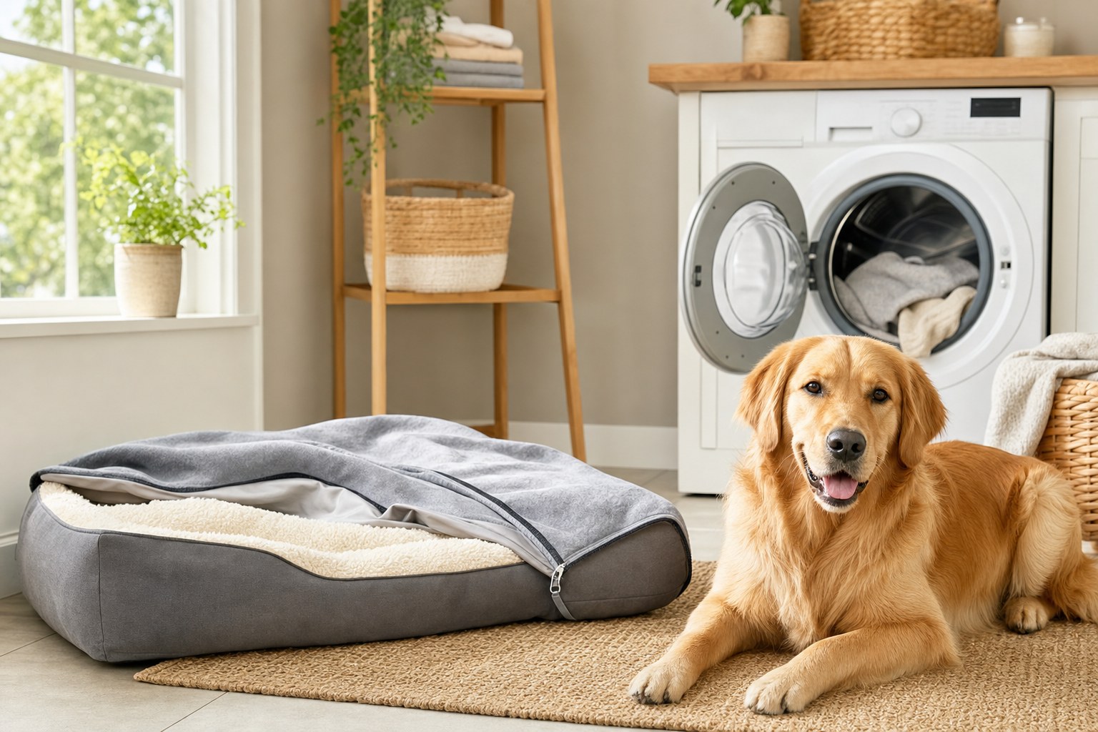Golden retriever relaxing beside a dog bed ready to be washed in a bright laundry room