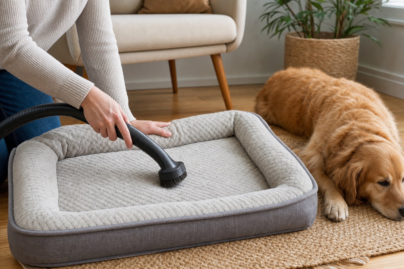 Removing loose hair from a dog bed with a vacuum before washing