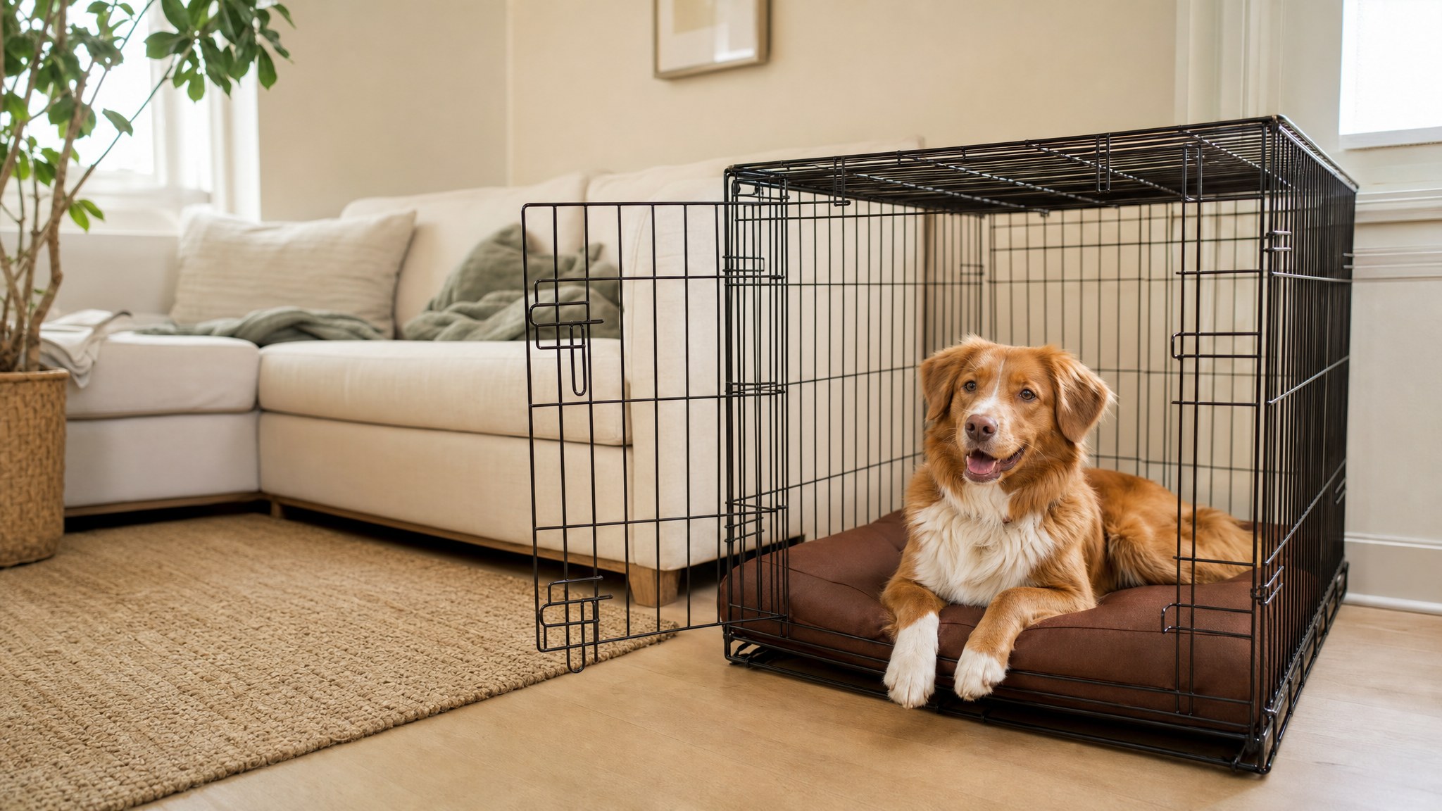 Dog resting on a padded bed inside an open wire crate beside a sofa
