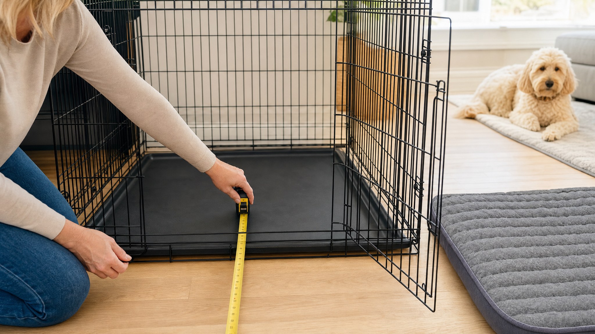 Pet owner measuring the floor of an open dog crate before adding a crate bed