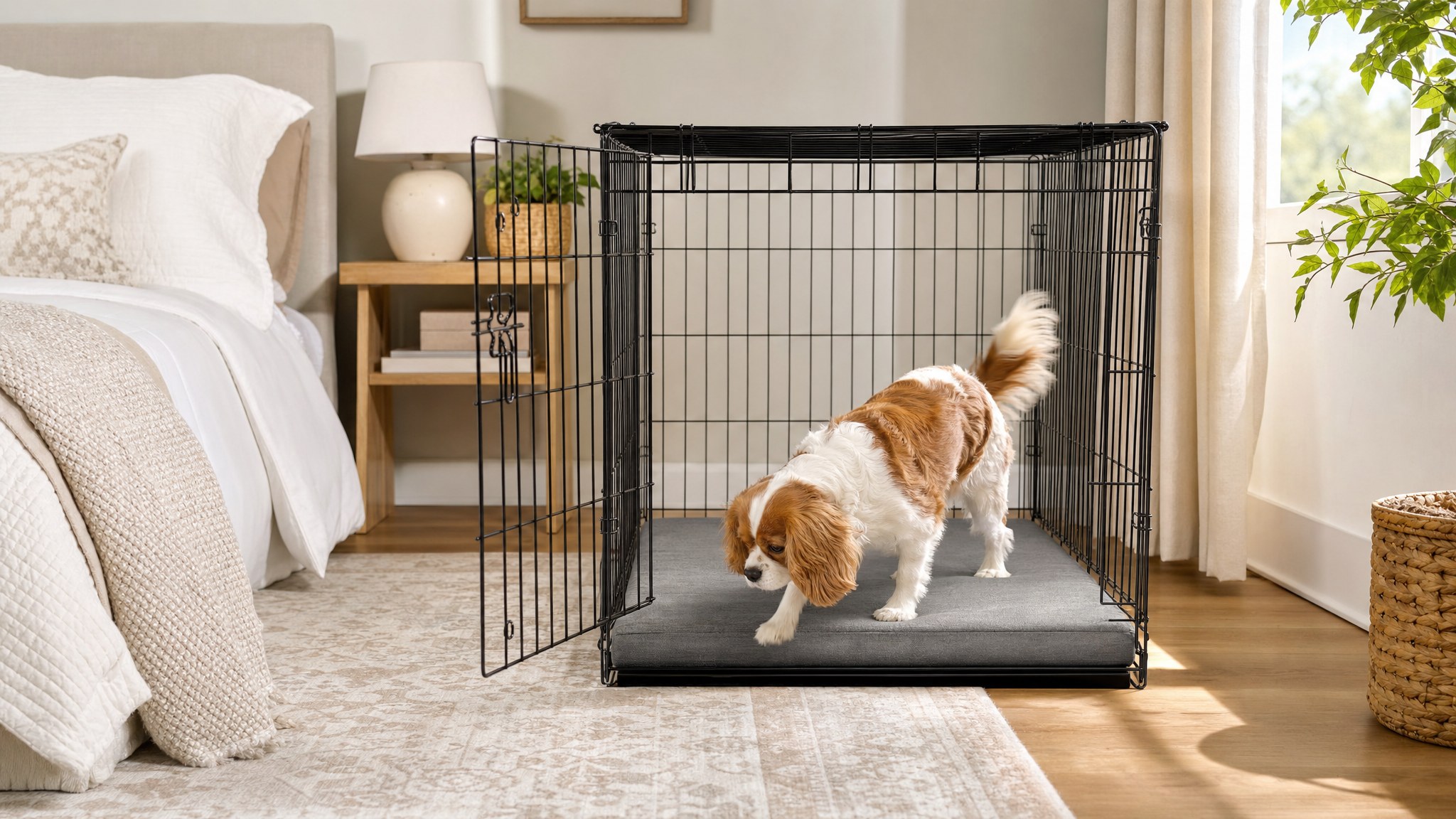 Small dog stepping into a wire crate with a flat padded crate bed