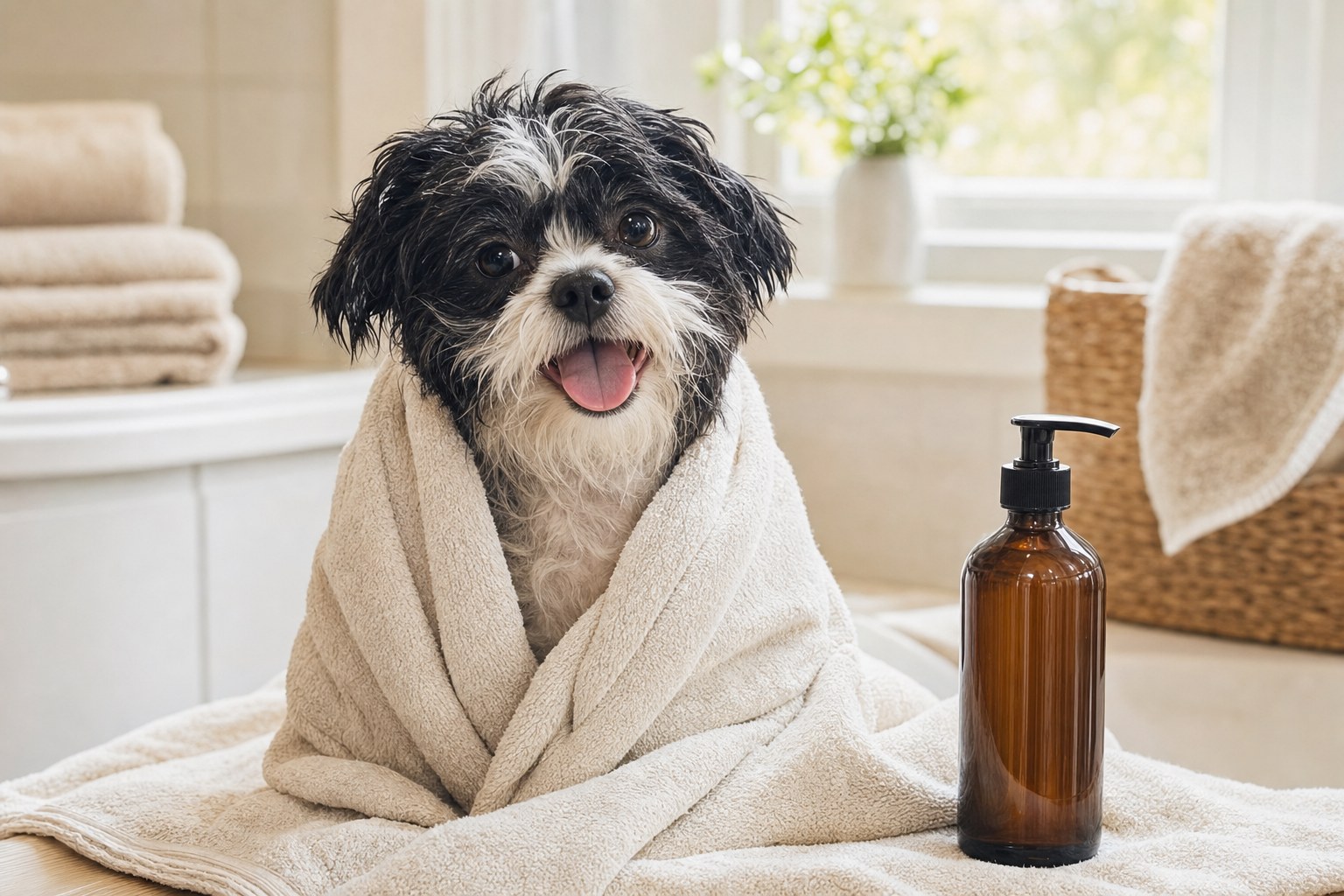 Dog in a towel beside pet grooming supplies