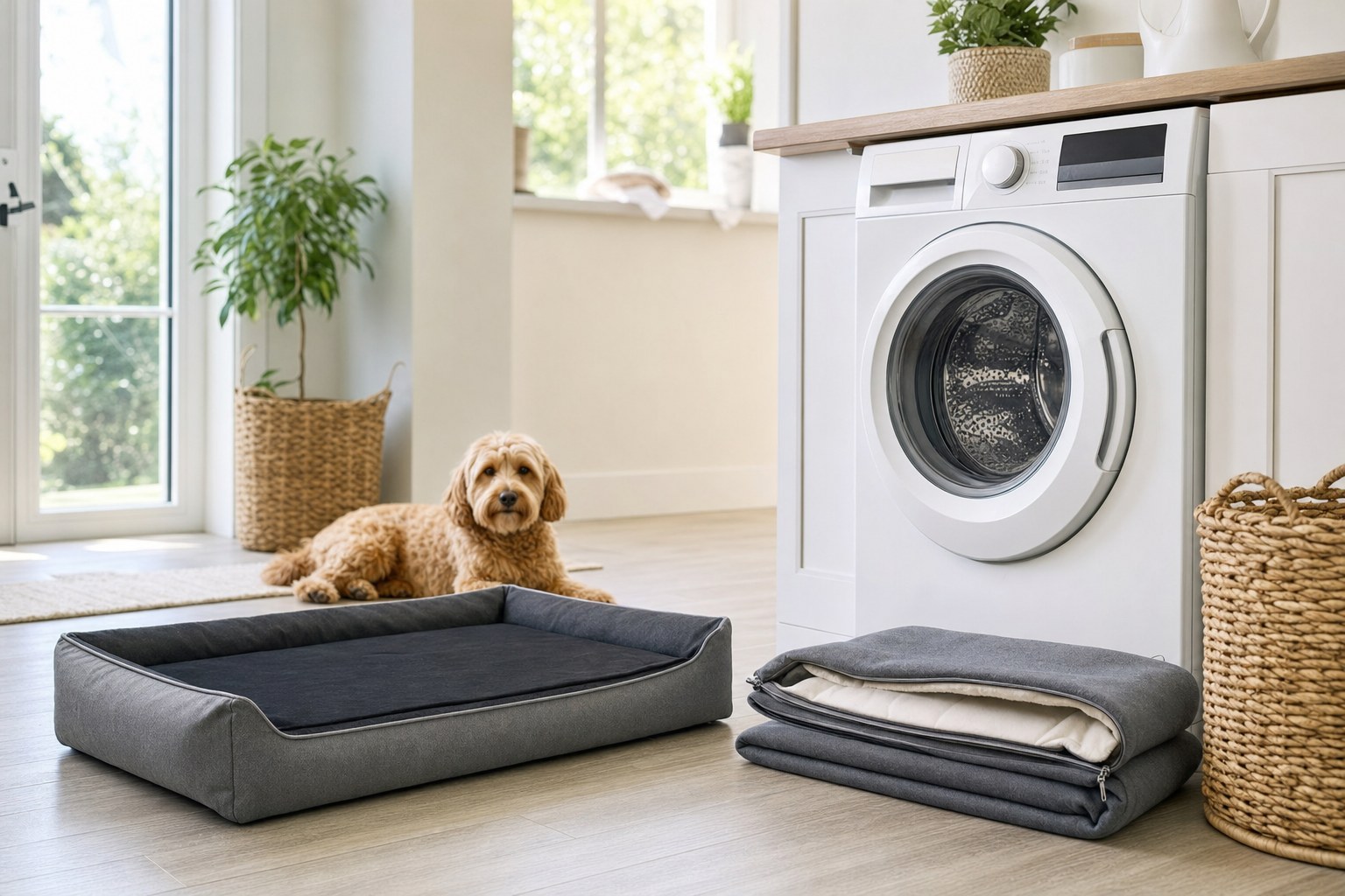 Washable dog bed cover beside a washing machine