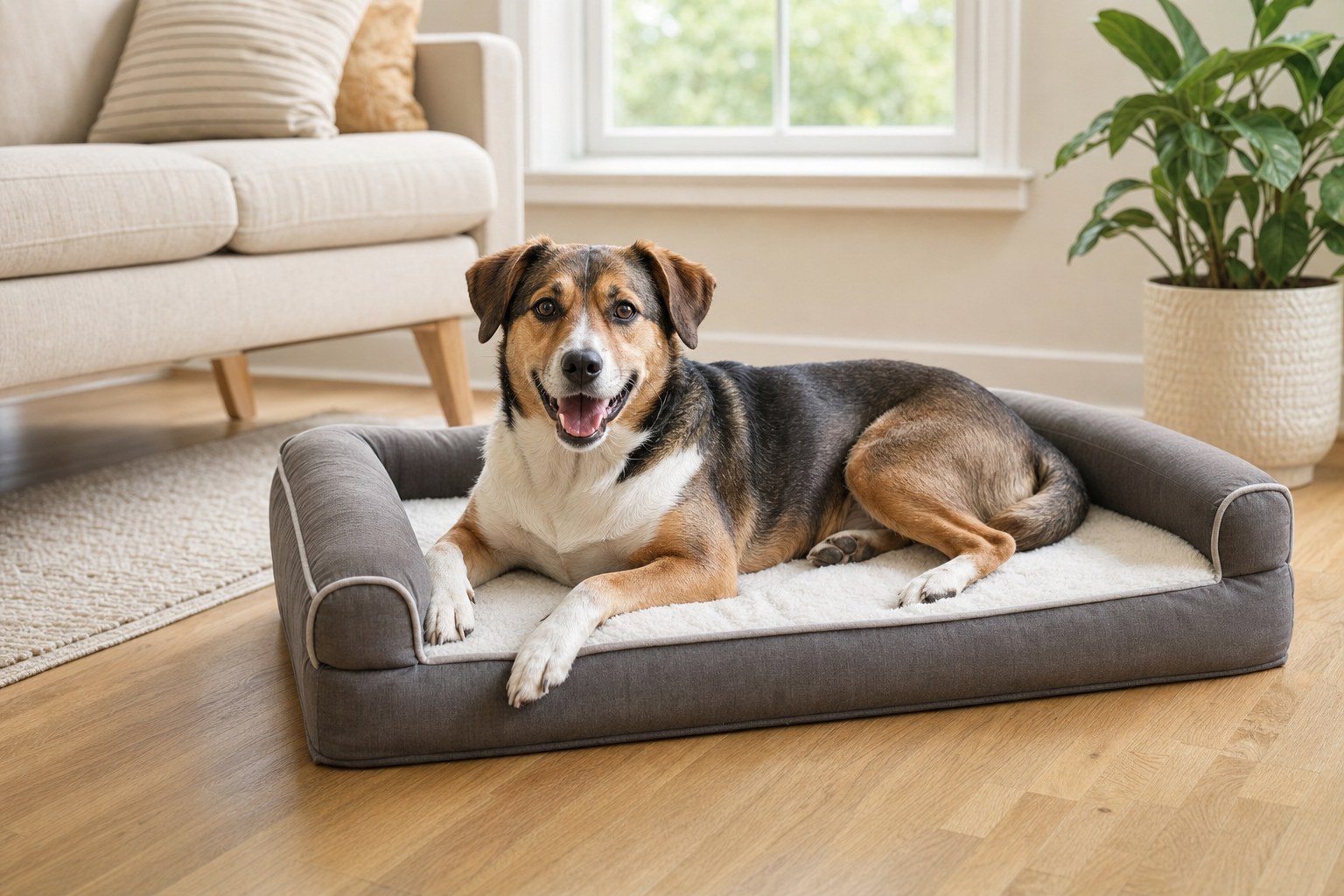 Dog relaxing on a supportive bed in a bright living room