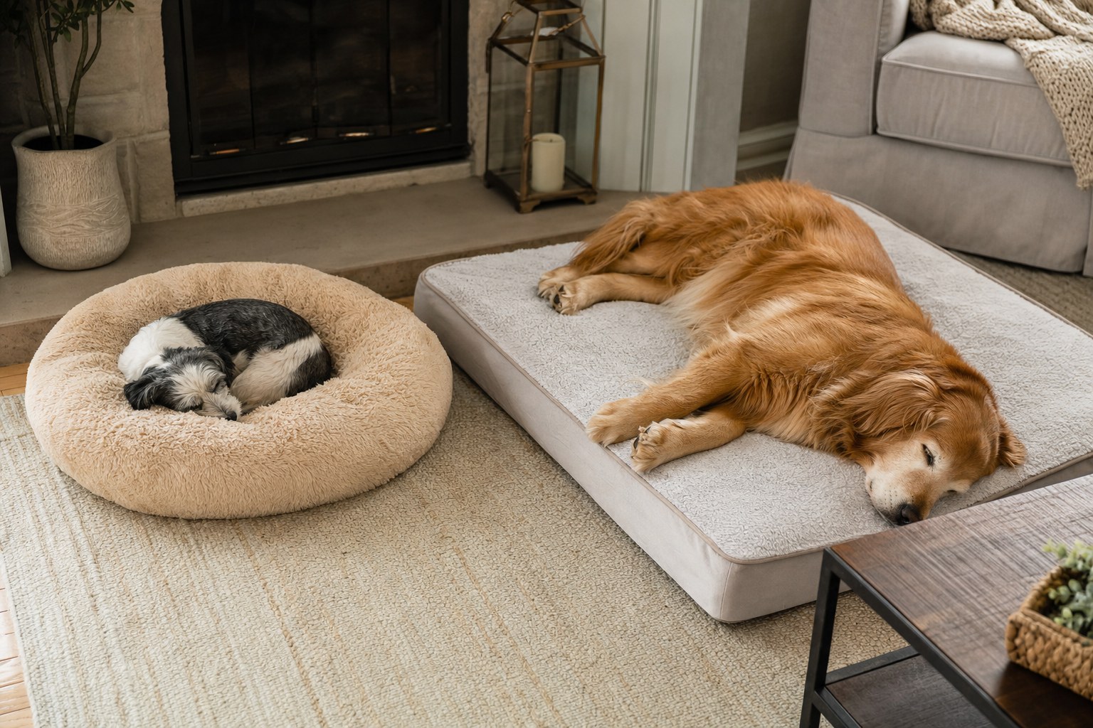 Small dog curled in a round bed and large dog stretched out on a flat bed