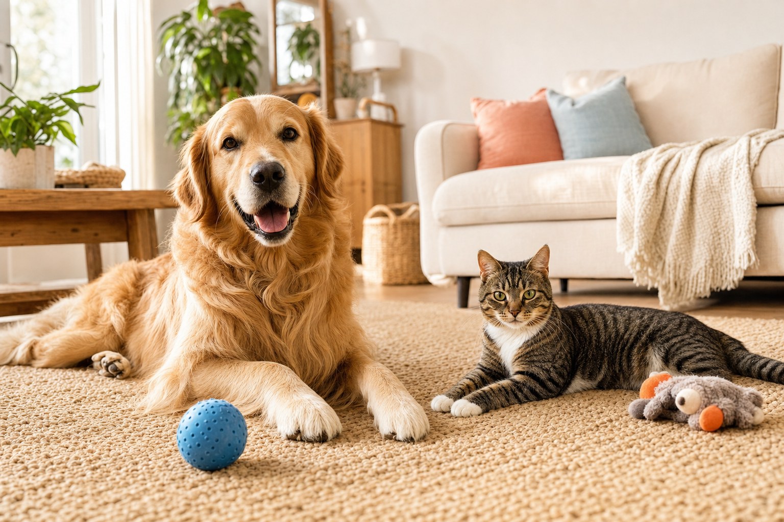Golden retriever and tabby cat relaxing together at home