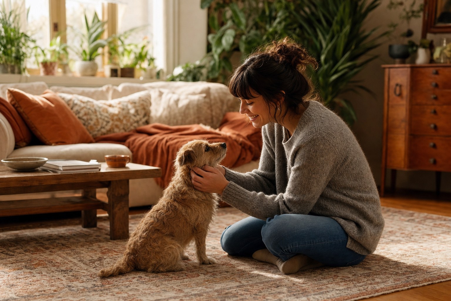 Person warmly greeting a terrier at home
