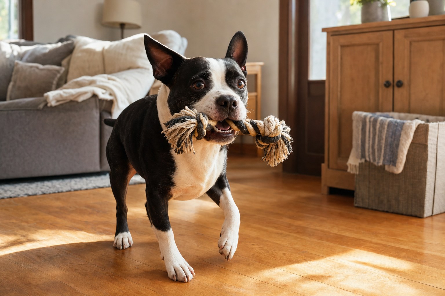 Black and white dog playing with a rope toy indoors