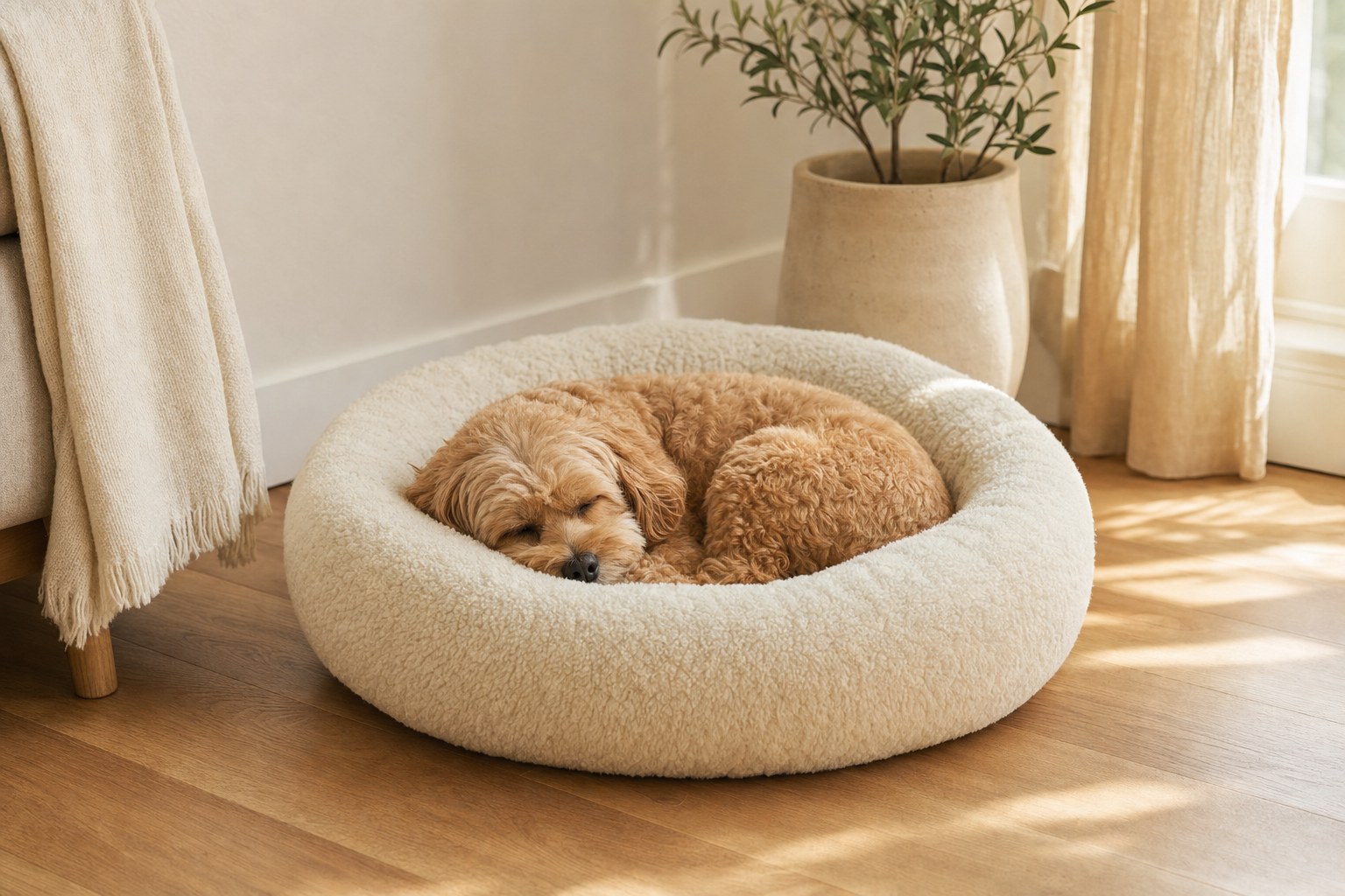 Small dog sleeping in a cream pet bed