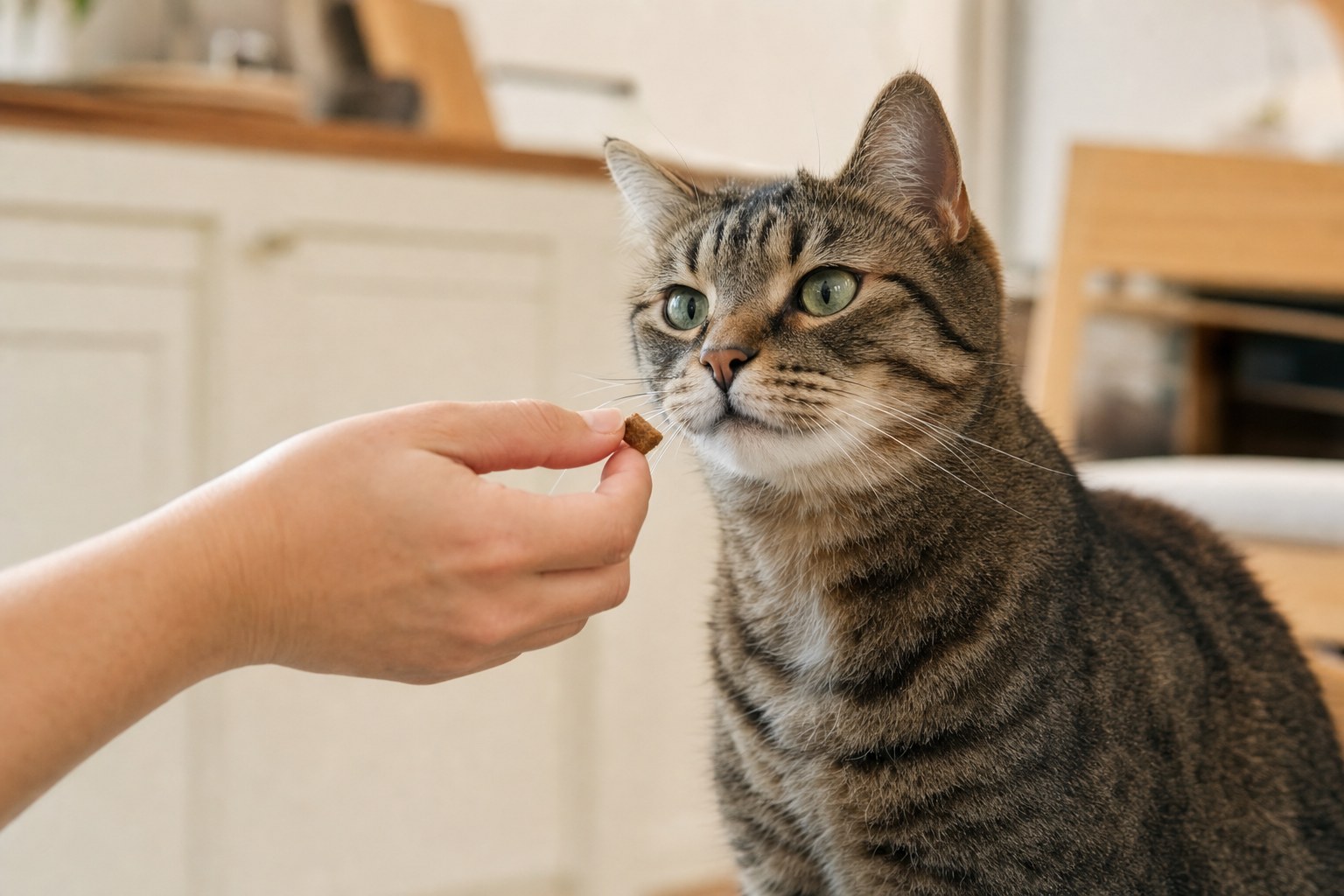 Tabby cat accepting a treat from a hand