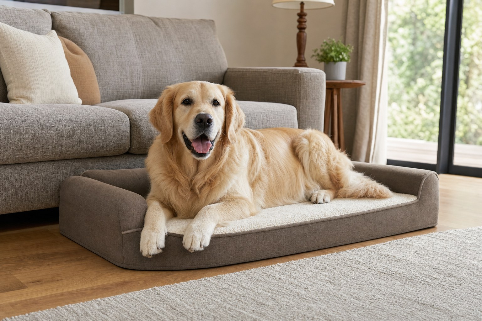 Golden retriever resting on a low-entry dog bed beside a sofa