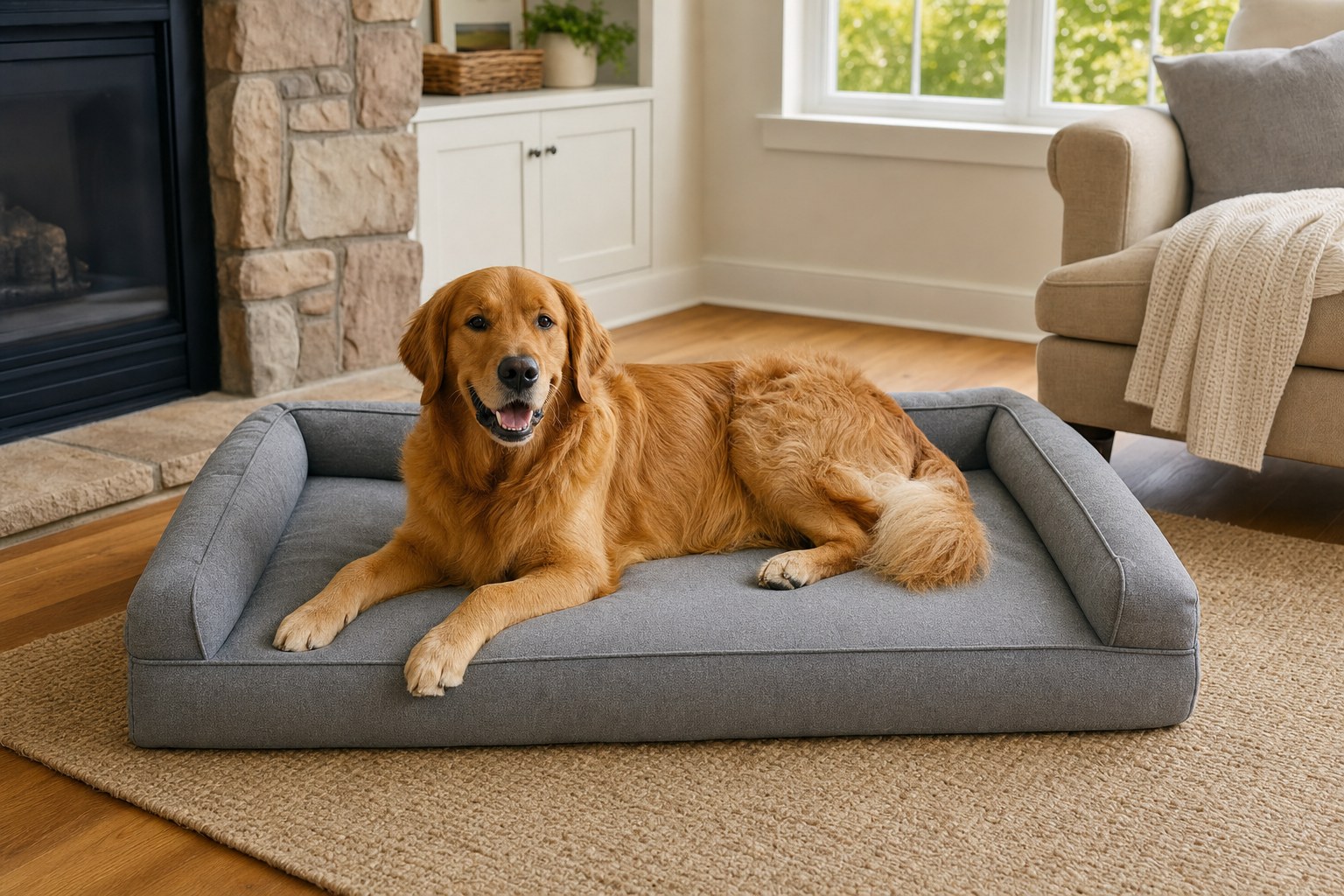Golden retriever resting on a roomy gray dog bed in a bright living room