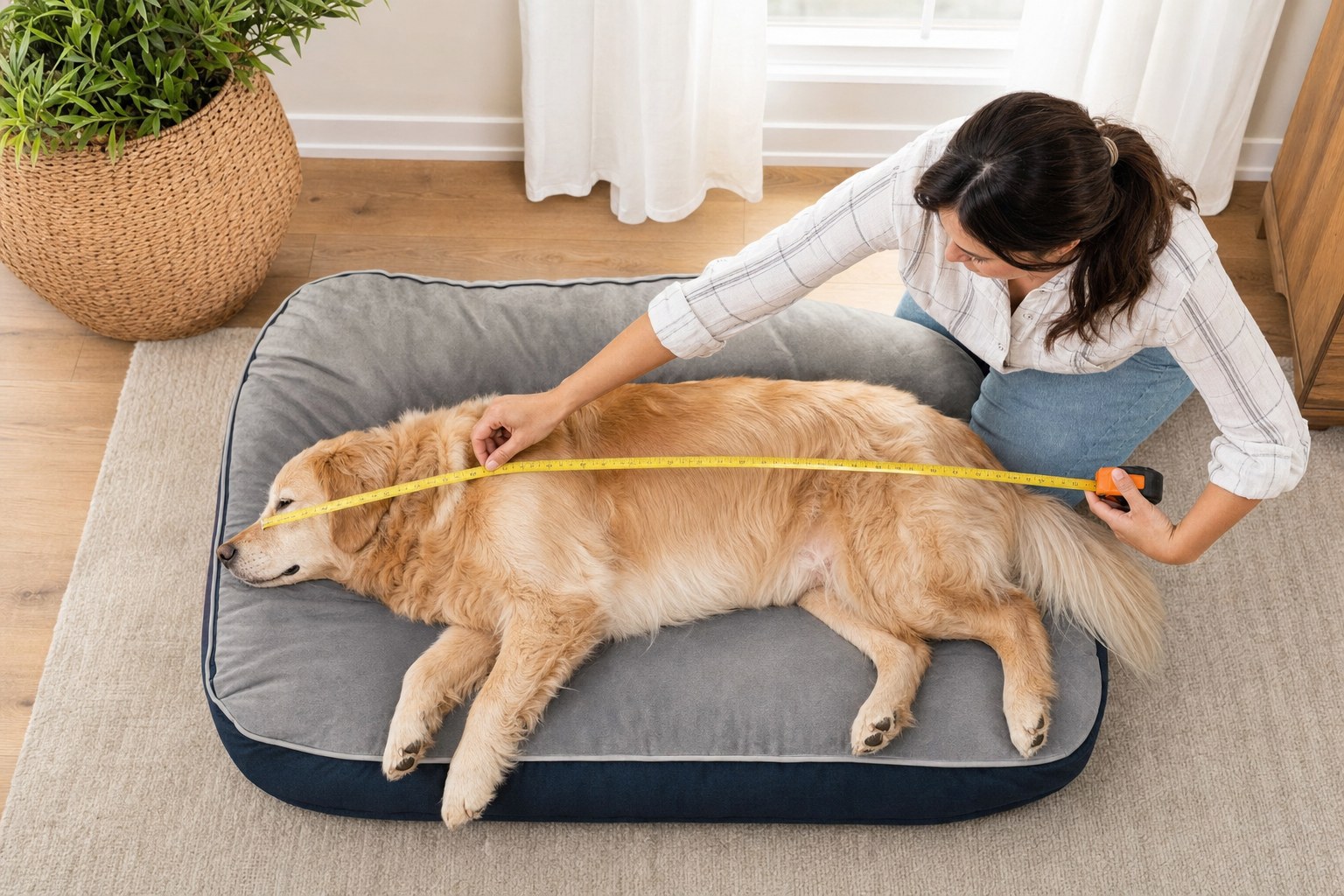 Pet owner measuring a golden retriever lying on a large dog bed