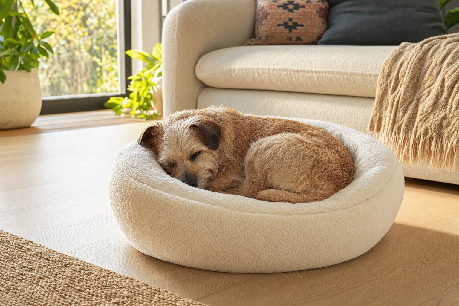 Small terrier curled up in a round dog bed beside a sofa
