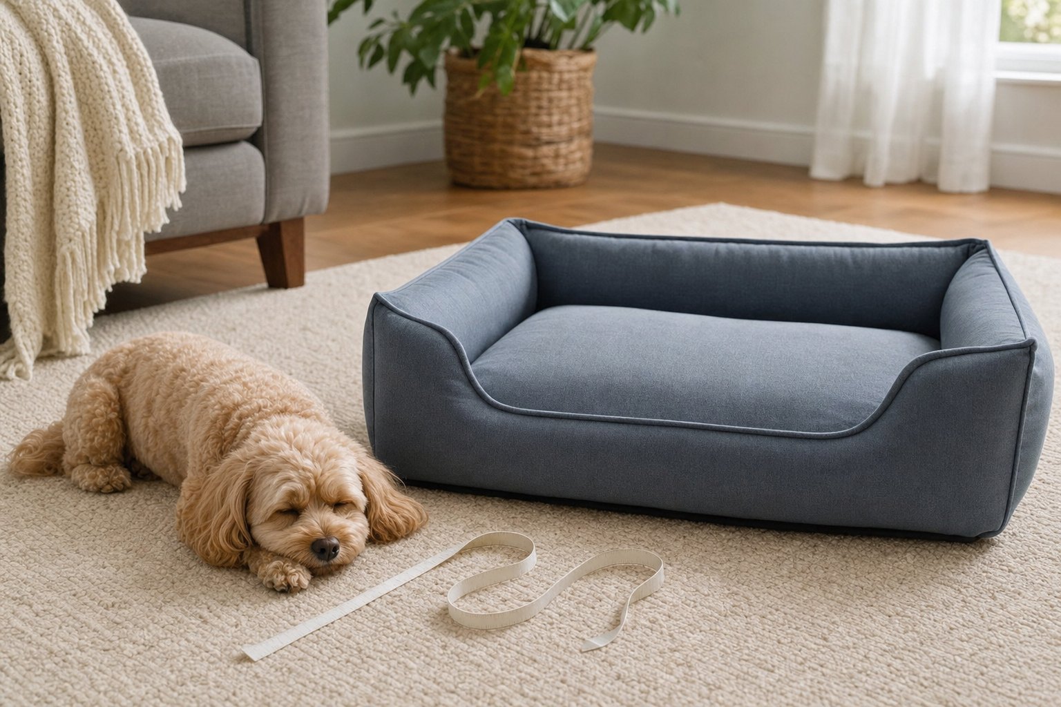 Small dog beside a compact dog bed and a tape measure on a rug