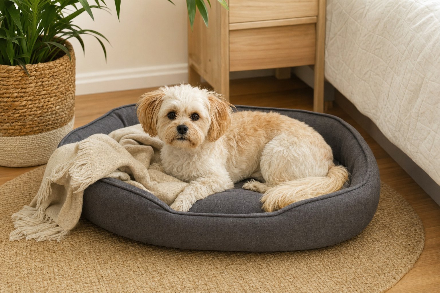 Small dog resting in a low-sided oval dog bed in a bedroom