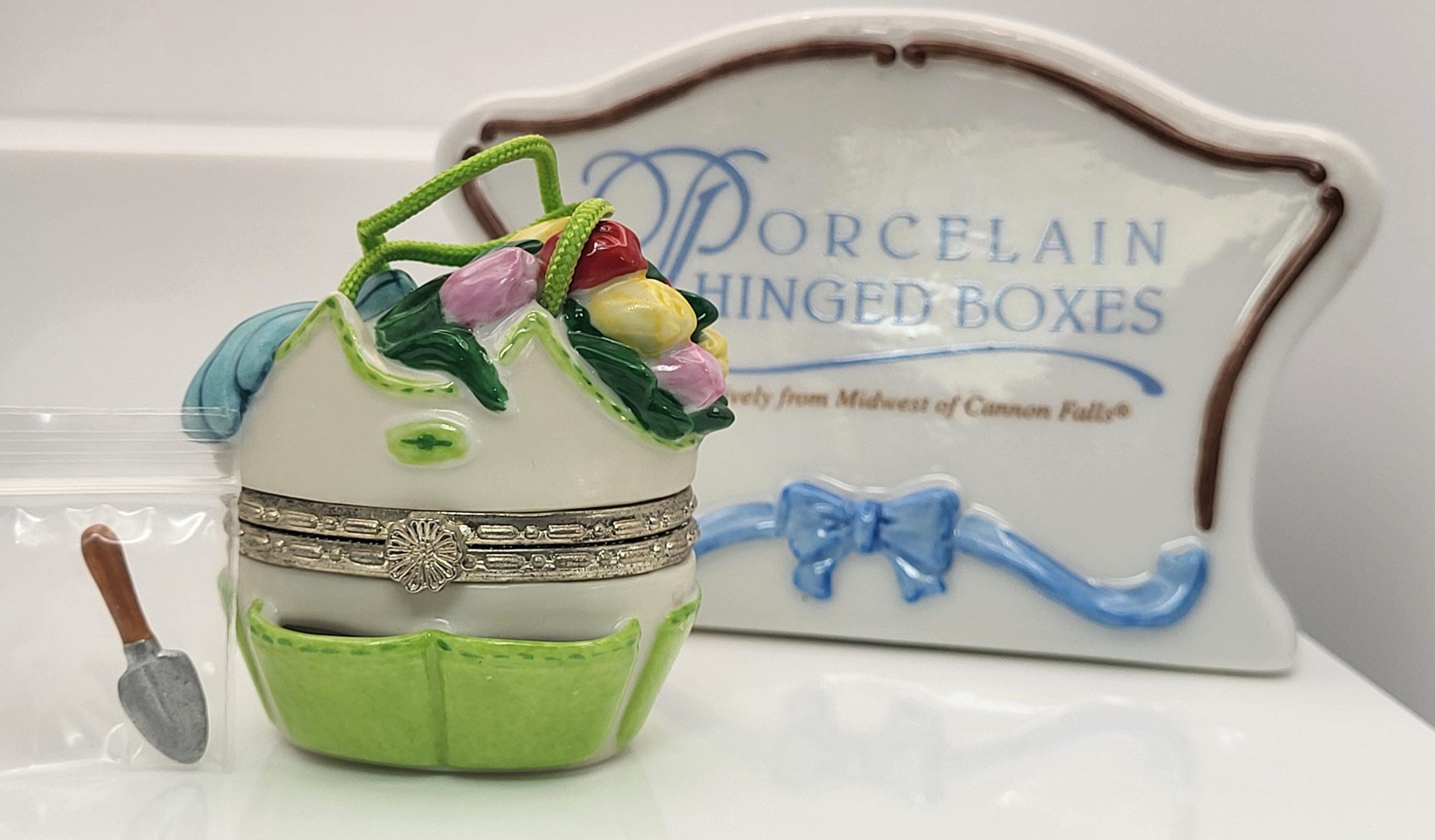 Tools for tilling porcelain hinged box with shovel trinket. Made for pHb by national home gardening club collection. view 2