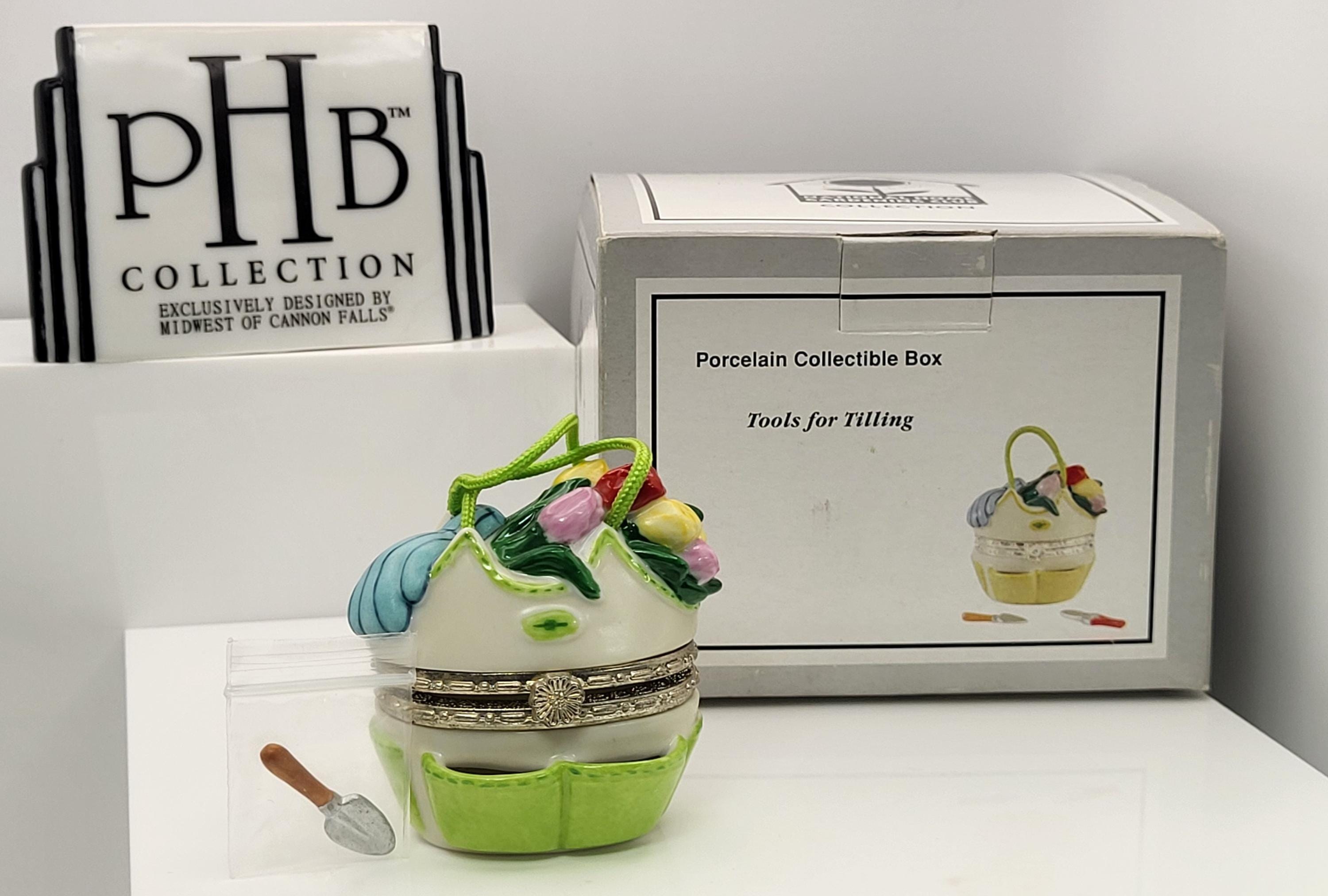 Tools for tilling porcelain hinged box with shovel trinket. Made for pHb by national home gardening club collection. view 3
