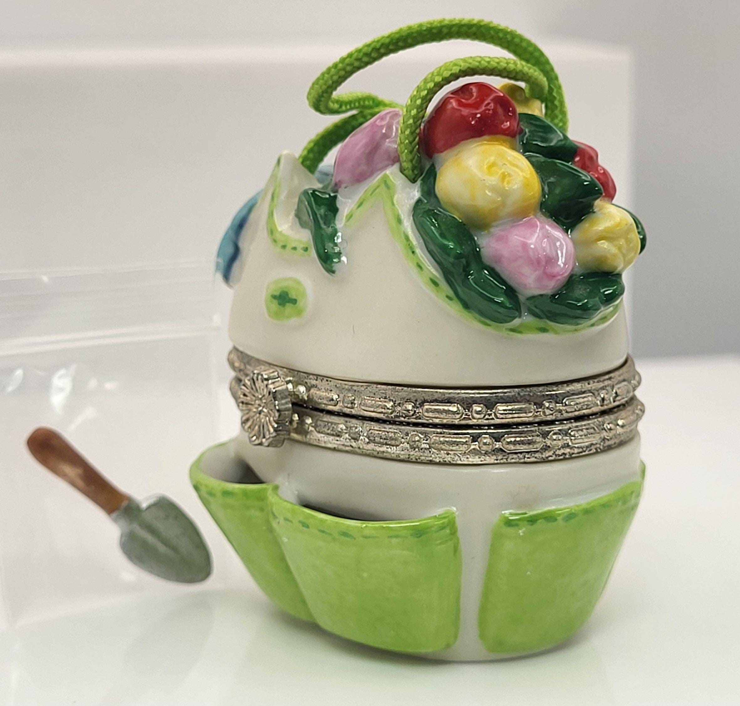 Tools for tilling porcelain hinged box with shovel trinket. Made for pHb by national home gardening club collection. view 4