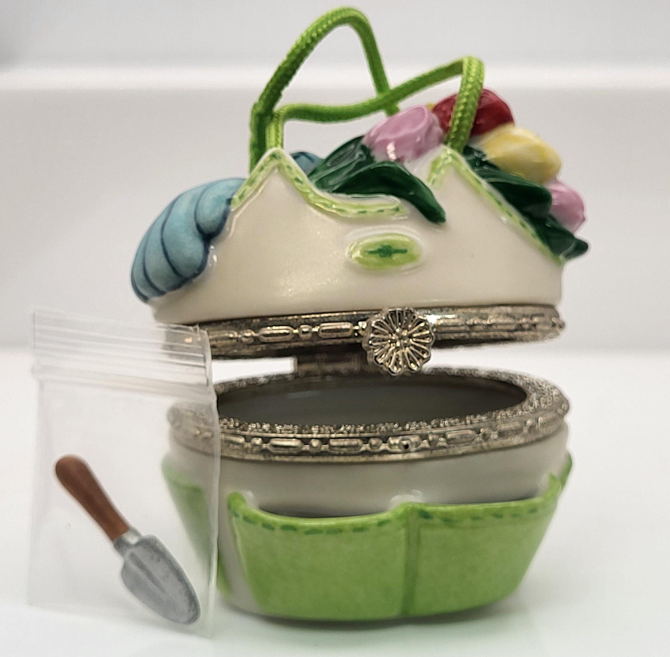 Tools for tilling porcelain hinged box with shovel trinket. Made for pHb by national home gardening club collection. view 7