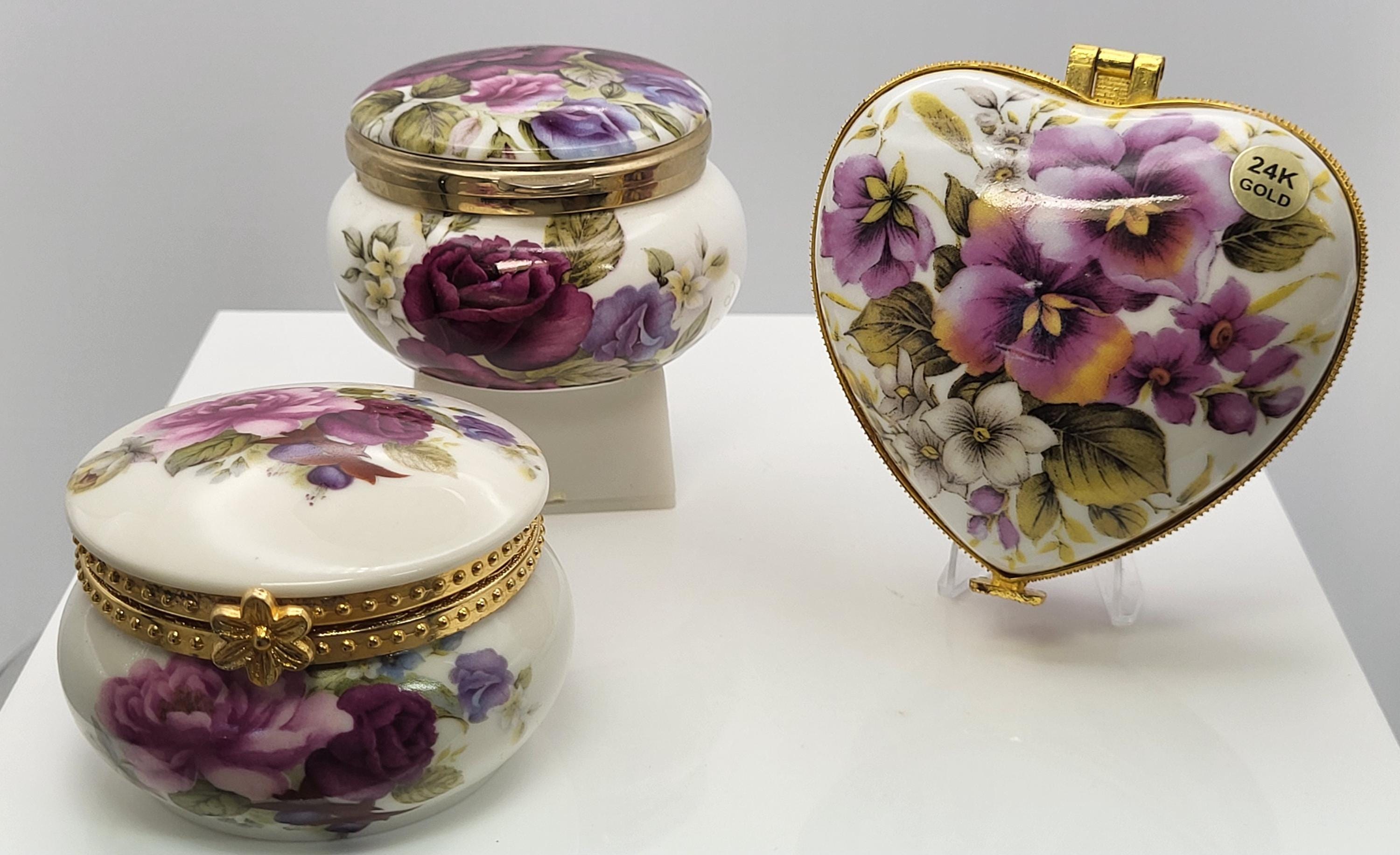 Set of 3 fine China and porcelain floral trinket boxes. Made by Lilly Creek, Ljètte, and Avondale.