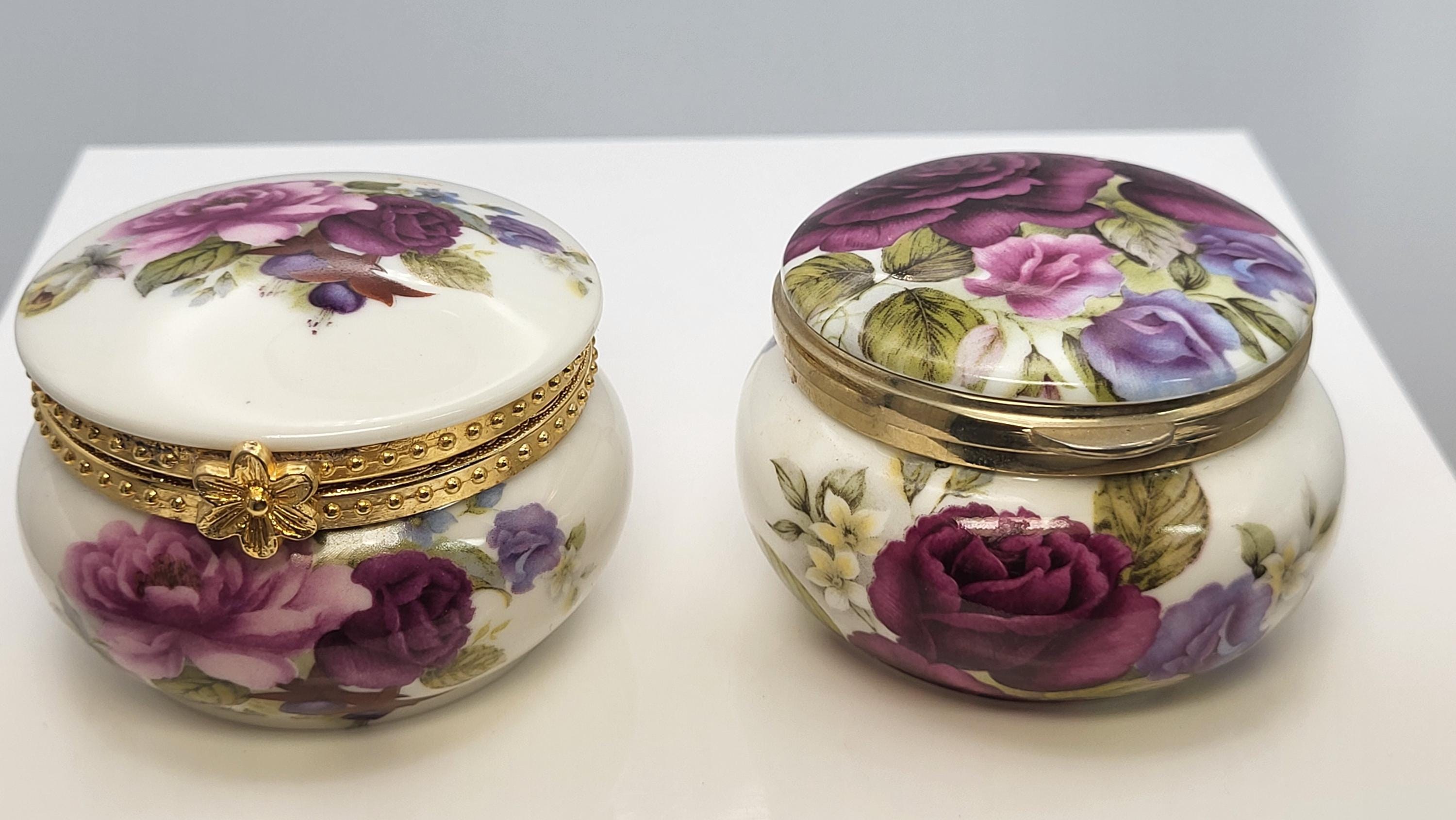 Set of 3 fine China and porcelain floral trinket boxes. Made by Lilly Creek, Ljètte, and Avondale. view 5