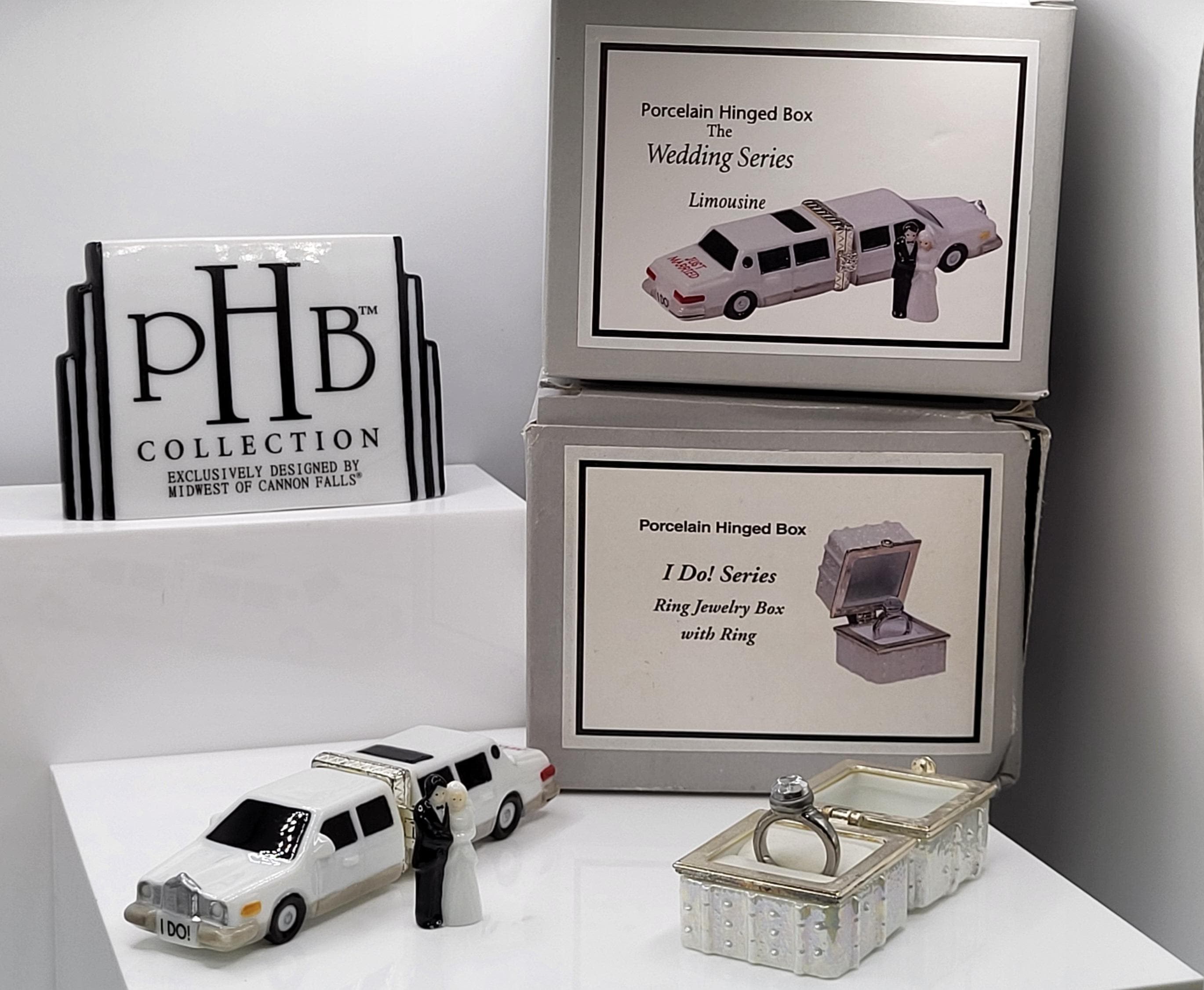 Wedding duo. Just married limousine porcelain hinged box with wedding couple, and ring box with wedding ring trinket. Made by MCF.