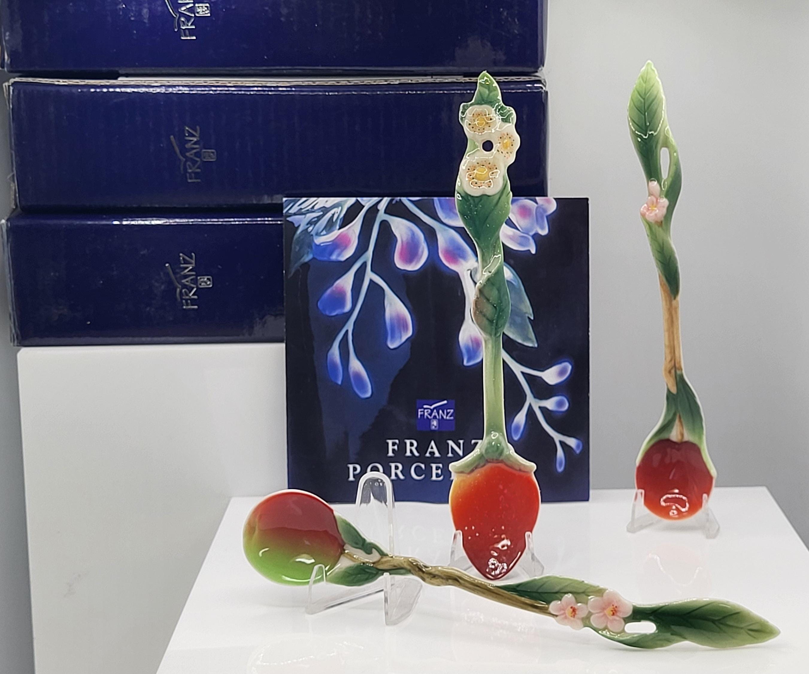 Franz porcelain set of three fruit spoons. Strawberry, cherry, and apple.