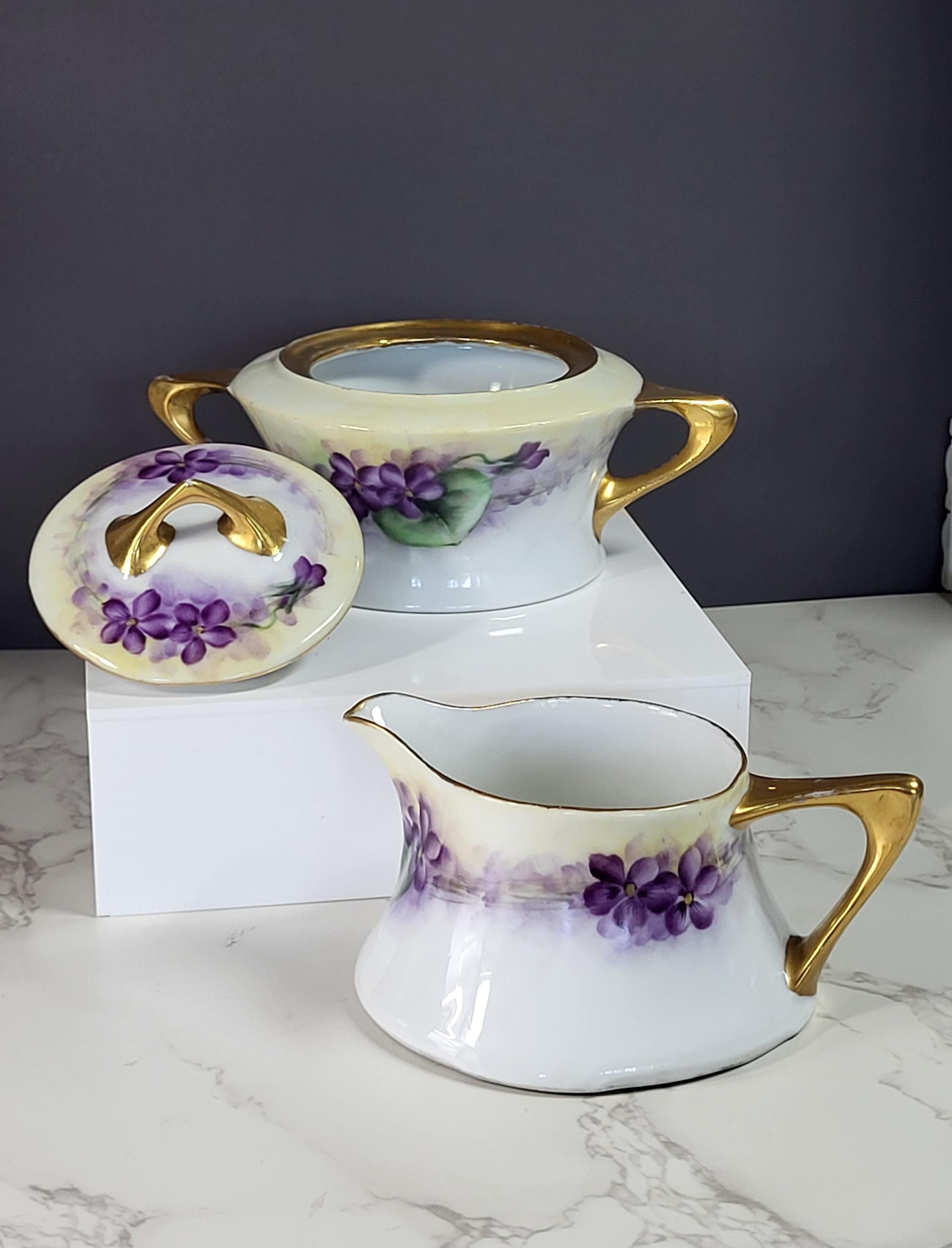 Vintage 1930's Sugar Bowl and Creamer Set. Hand-painted Violets by German Artist. Made by Z. S. and co. Bavaria.