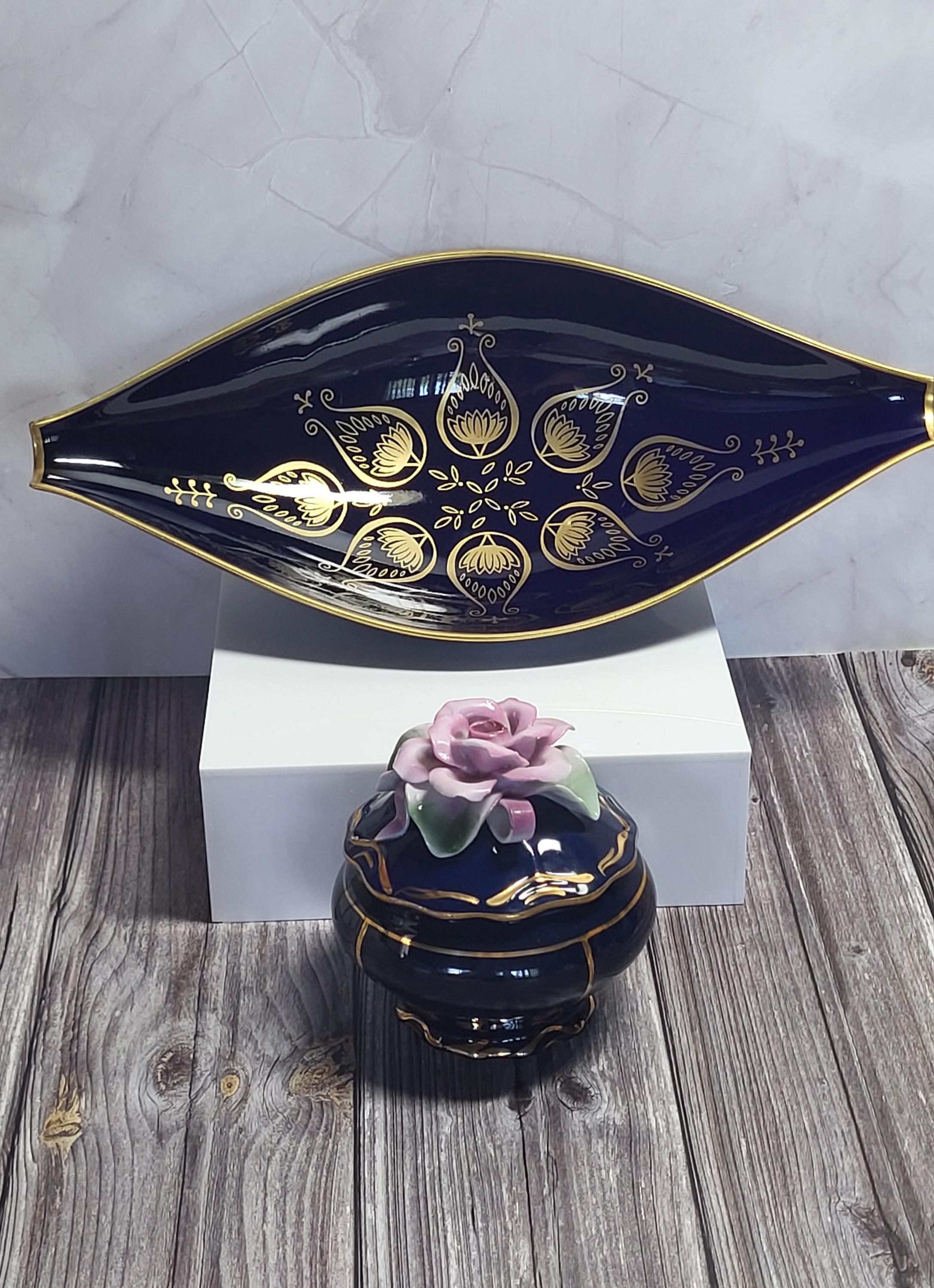 Vintage Cobalt Blue Porcelain Candy Dish with Rose Romanian and Unter Weiss Bach Cobalt Brand Cake Stand Germany
