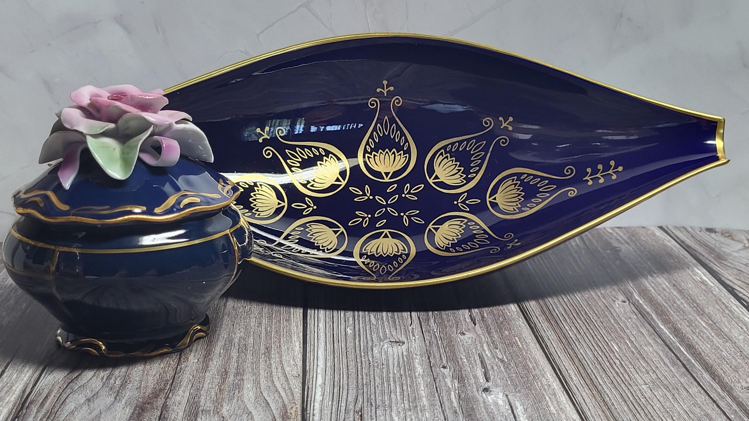 Vintage Cobalt Blue Porcelain Candy Dish with Rose Romanian and Unter Weiss Bach Cobalt Brand Cake Stand Germany view 2