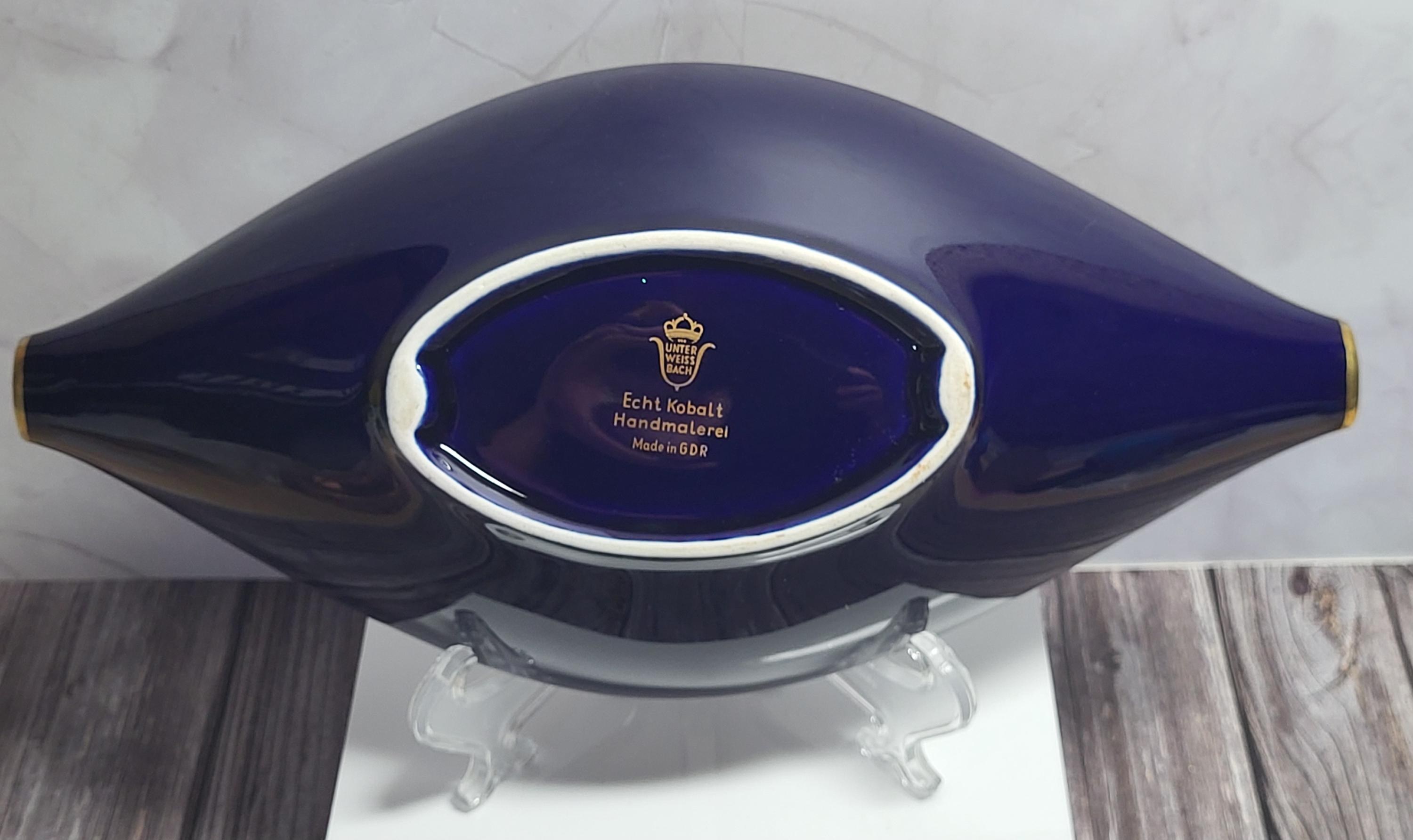 Vintage Cobalt Blue Porcelain Candy Dish with Rose Romanian and Unter Weiss Bach Cobalt Brand Cake Stand Germany view 6