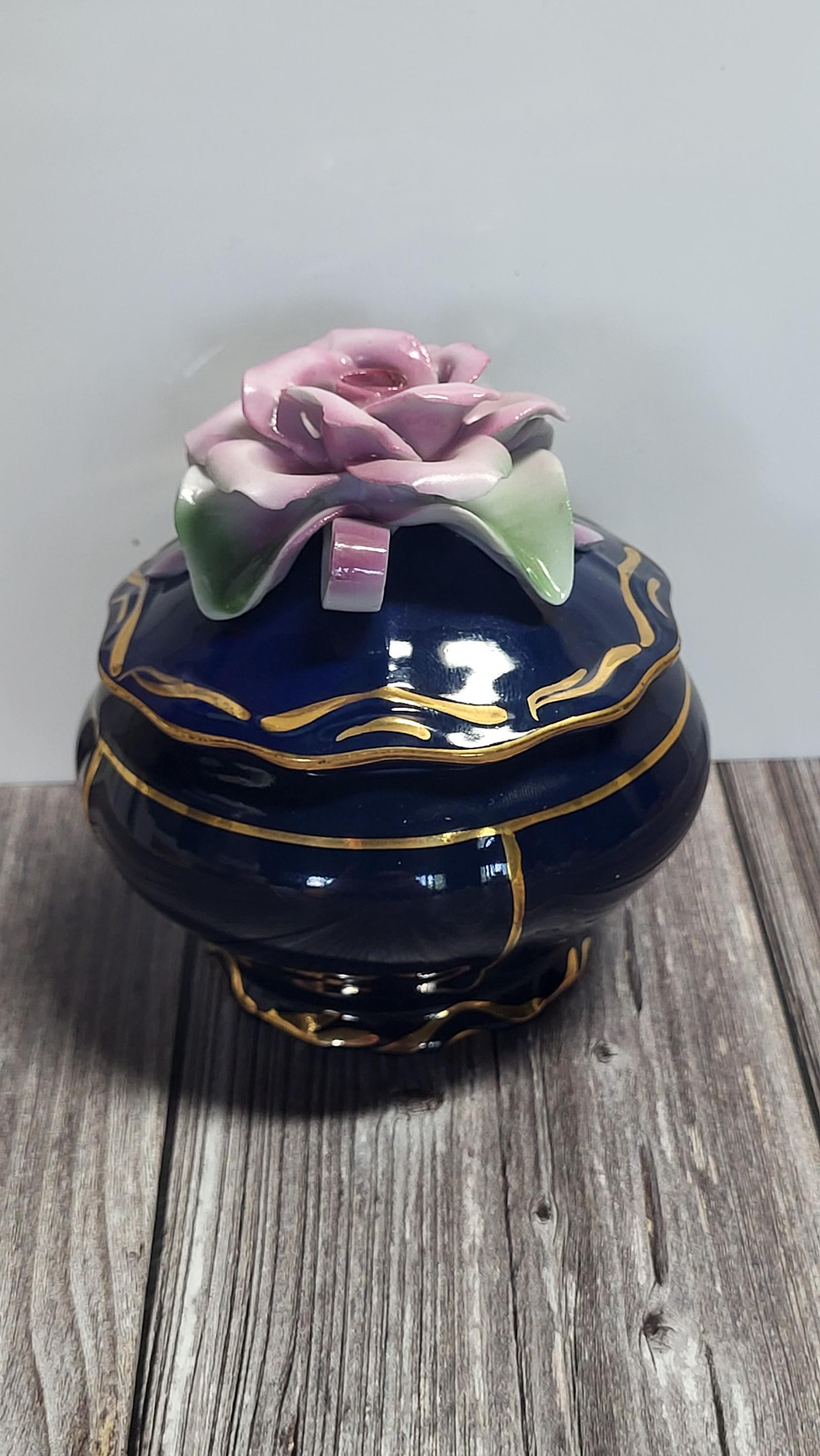 Vintage Cobalt Blue Porcelain Candy Dish with Rose Romanian and Unter Weiss Bach Cobalt Brand Cake Stand Germany view 7